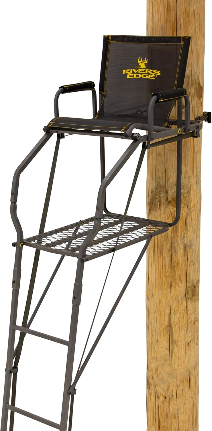 Rivers Edge® Bowman™ LS 1-Man Ladder Stand, 19’5” Height, Lockdown™ Strapping System, Designed for Archers, Flip-Up TearTuff™ Mesh Seat, 27” Deep Platform, RE675