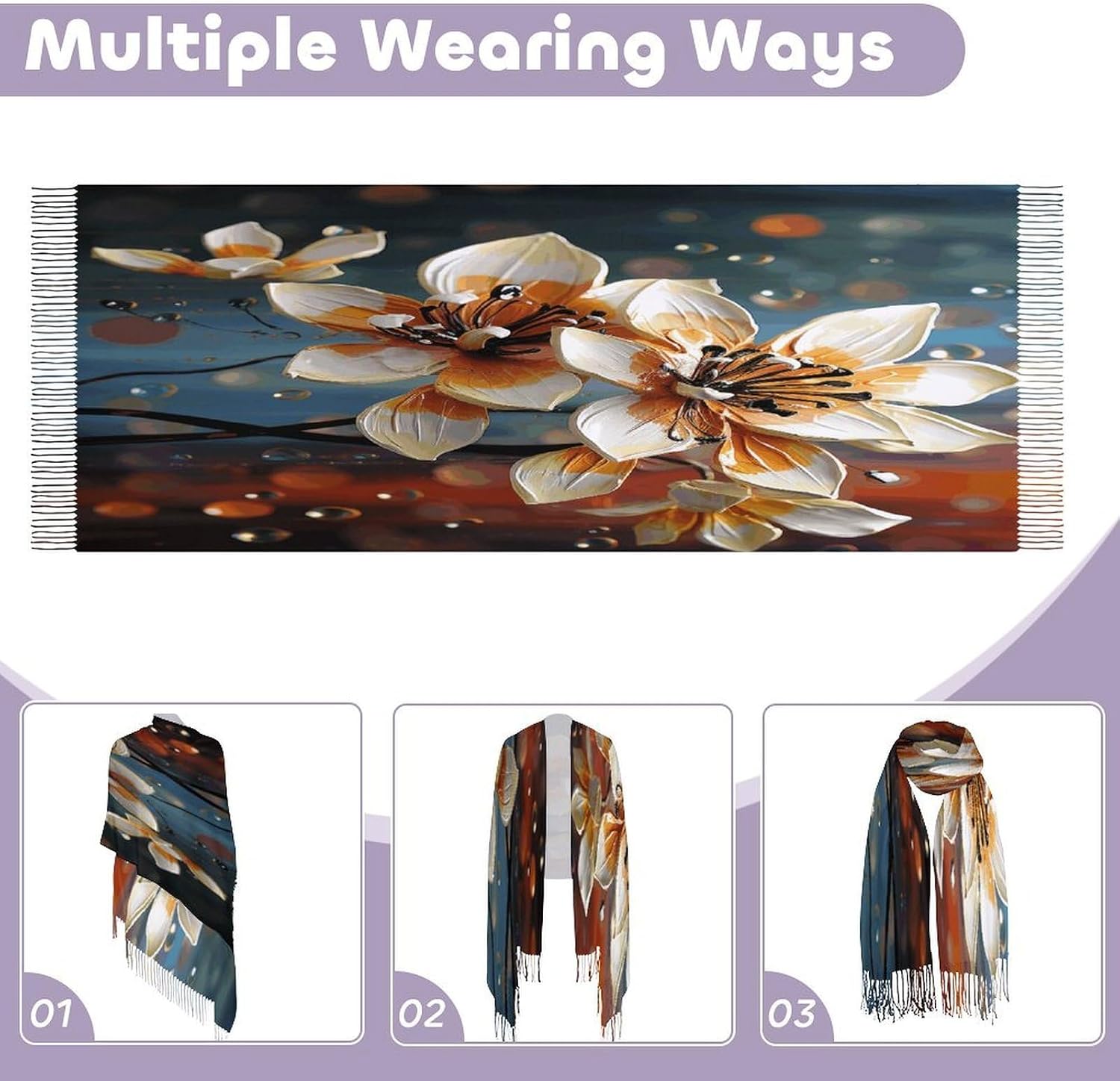 Modern Flower Winter Scarf for Women Soft Tassel Scarves Oversized Wraps Long Shawl Cold Weather Thick Blanket Scarfs