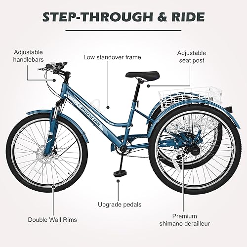 Vista 118 de H&ZT Triciclo para adultos, bicicleta de 3 ruedas, triciclo crucero, con engranaje de 7 velocidades, mango de freno de estacionamiento, escalón