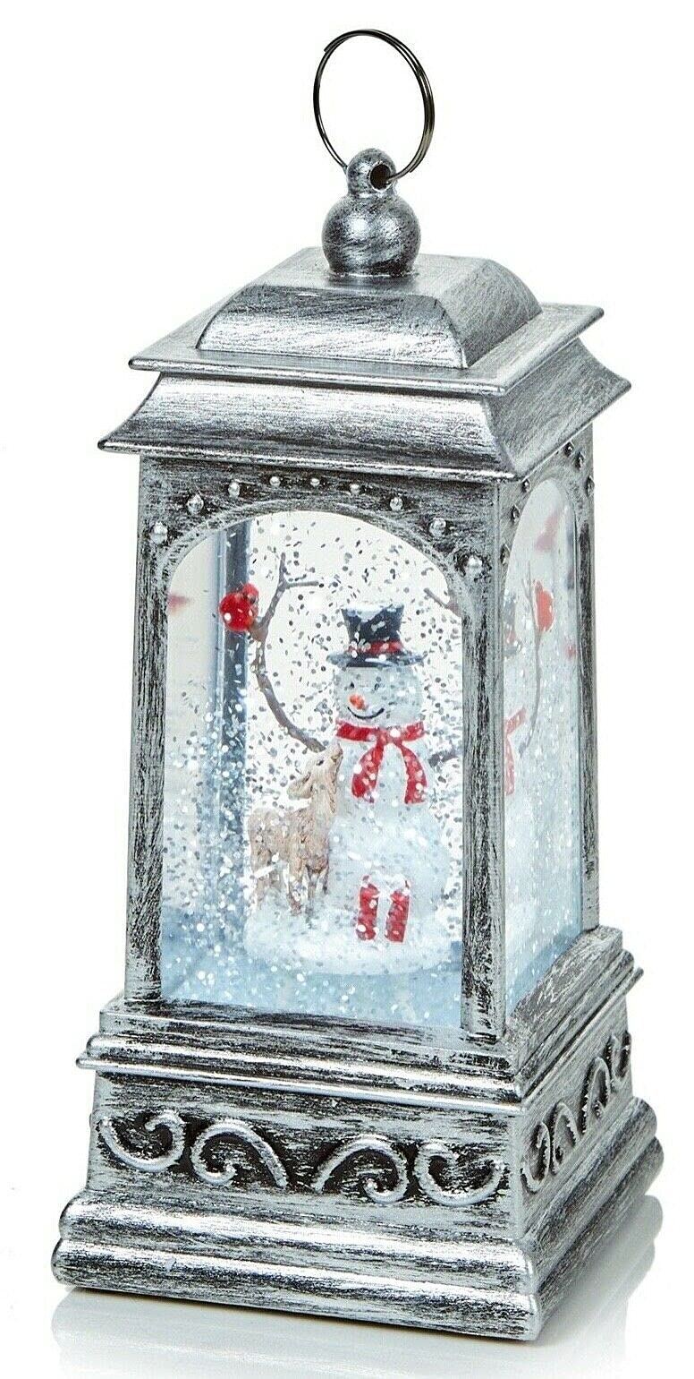 Mask & Co Bronze Premier Christmas Snowman Led Silver Metal Water Lantern With Glitter Snow 21Cm Tall