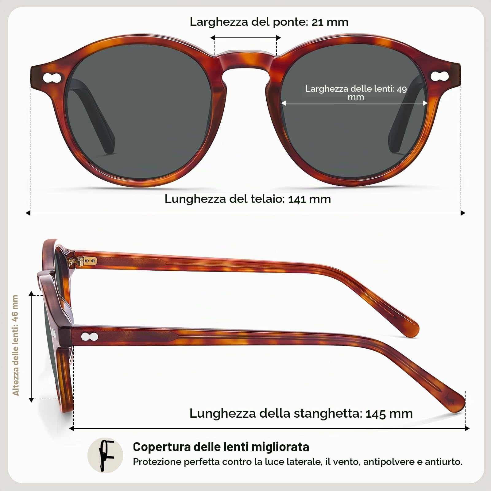 Carfia Occhiali da sole polarizzati da donna 100% UV400 Telaio rotondo Retro Tartaruga Antiriflesso CA5266