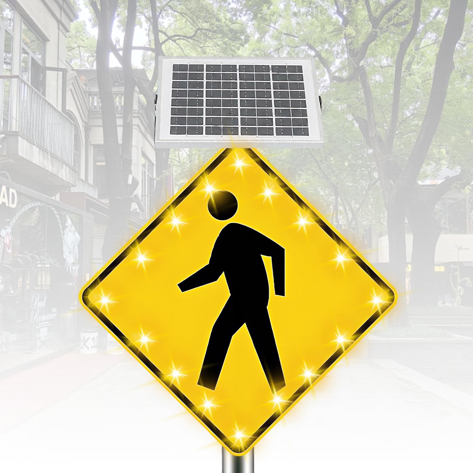ZHENYUWANG 24-inch solar-powered pedestrian crossing sign with flashing LED high-brightness road traffic flashing street warning sign, aluminum with IP65 protection rating 24in