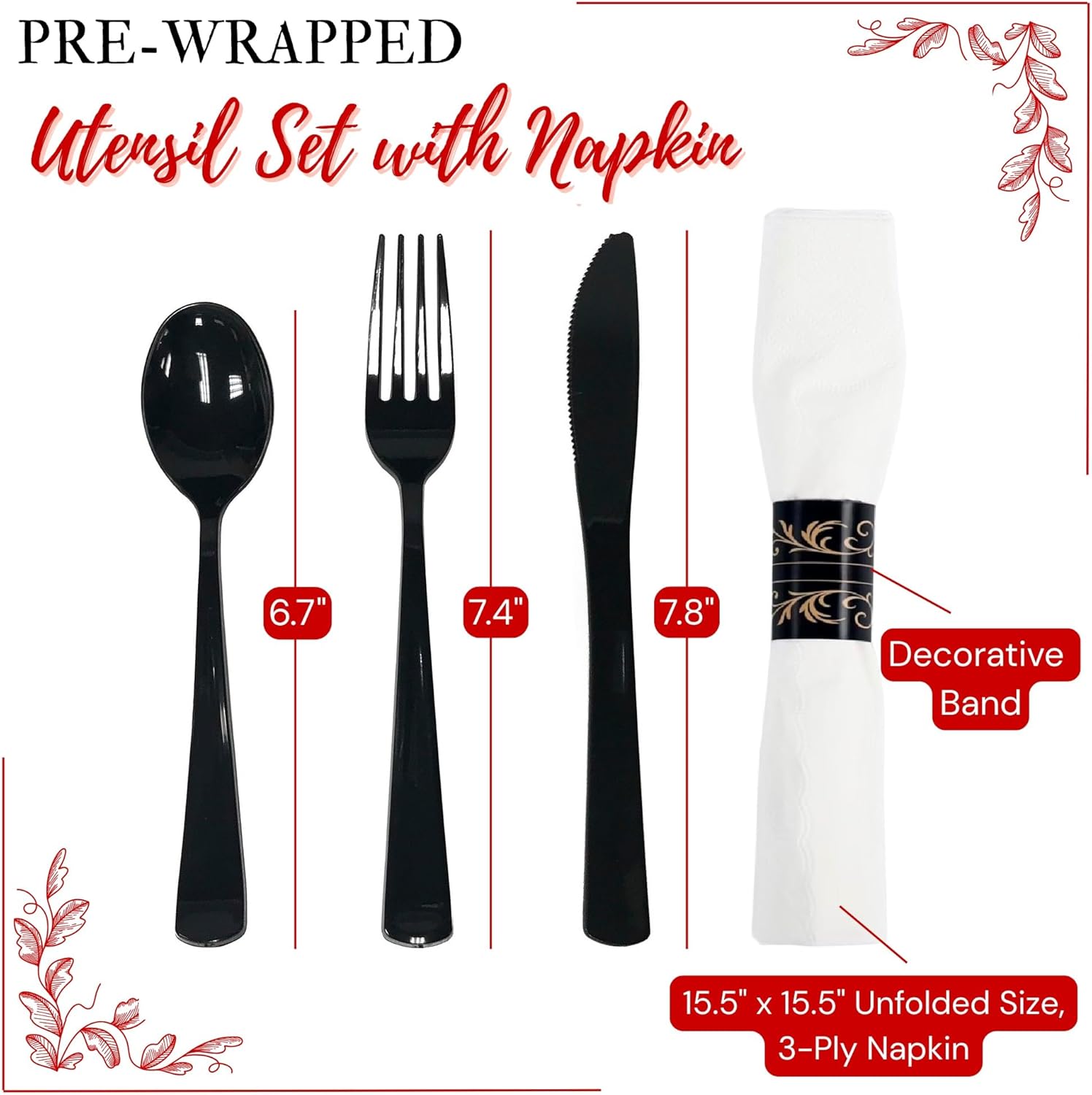Pre-Rolled Napkin and Cutlery set - Individually Wrapped Plastic Fork/Knife/Spoon Silverware for Indoor or Outdoor Parties, Events, Gatherings, Dinners, Weddings, Caterings, 120 Packs, Black