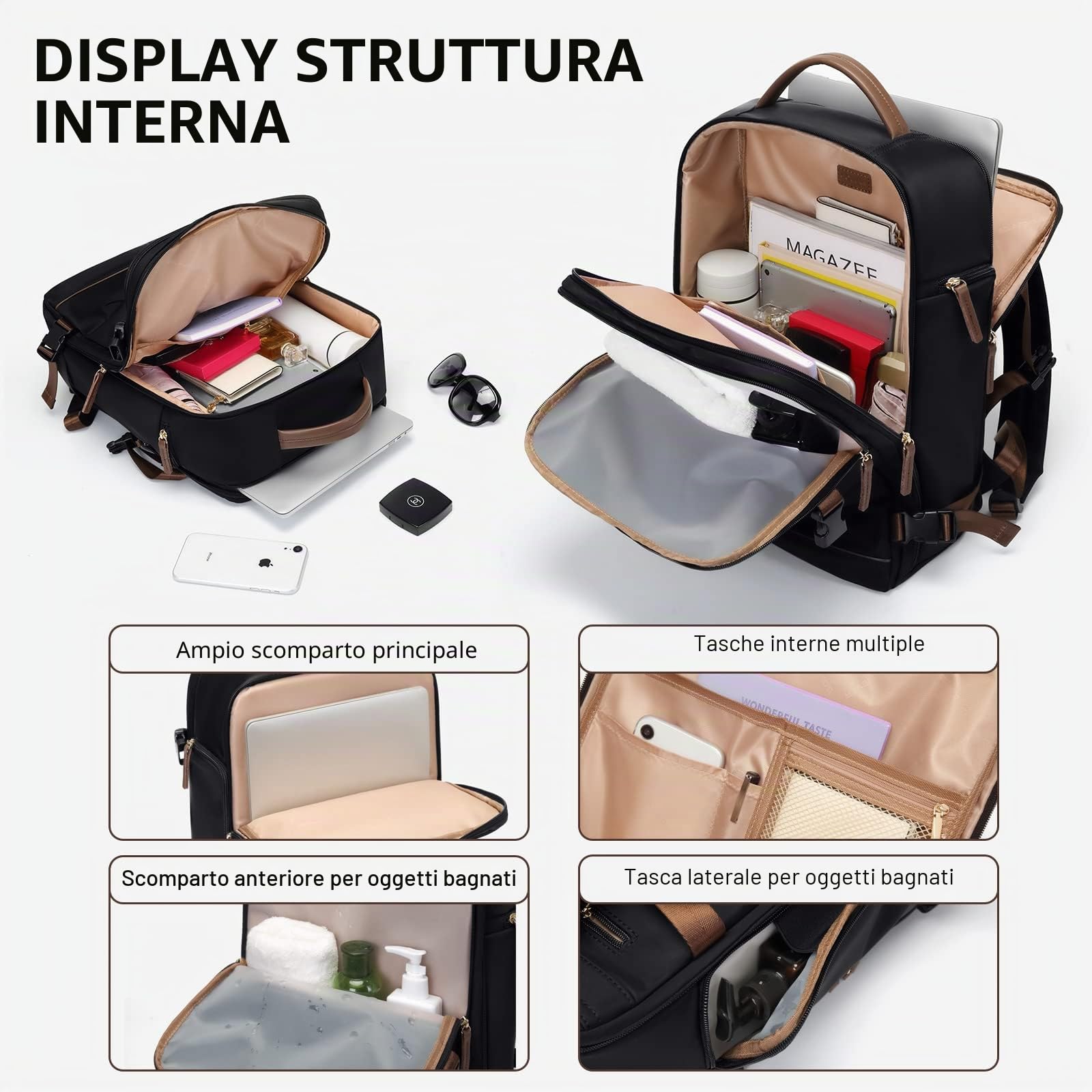 GOLF SUPAGS Zaino per Laptop con Scomparto per Laptop Separato Adatto a Notebook da 15,6 Pollici Borsa per Computer di Grande Capacità per Zaini da Lavoro e da Viaggio per Università da Donna (Nero)