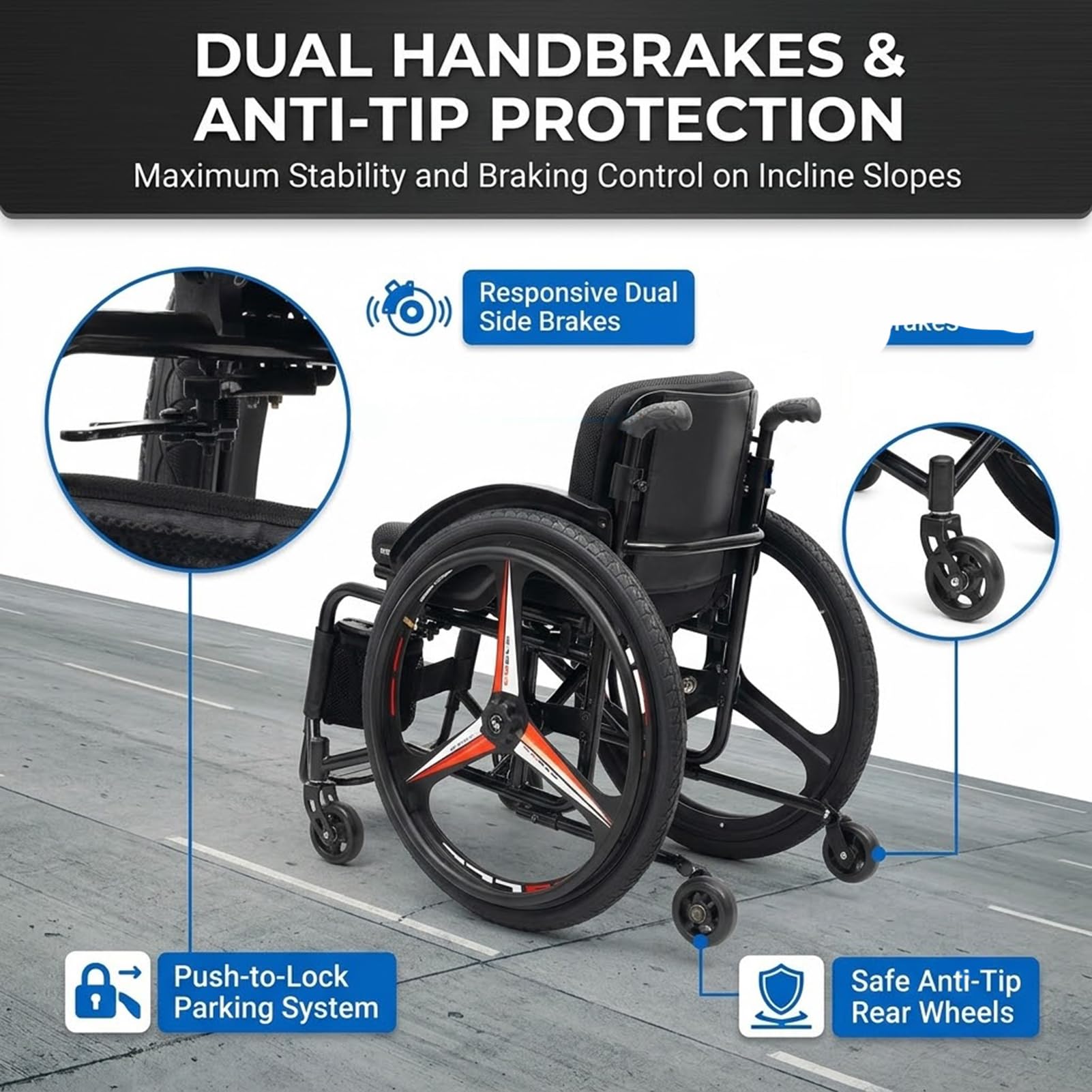 Silla de Ruedas Deportiva Autopropulsable Plegable Ruedas 24 Pulgadas (Black,38cm)