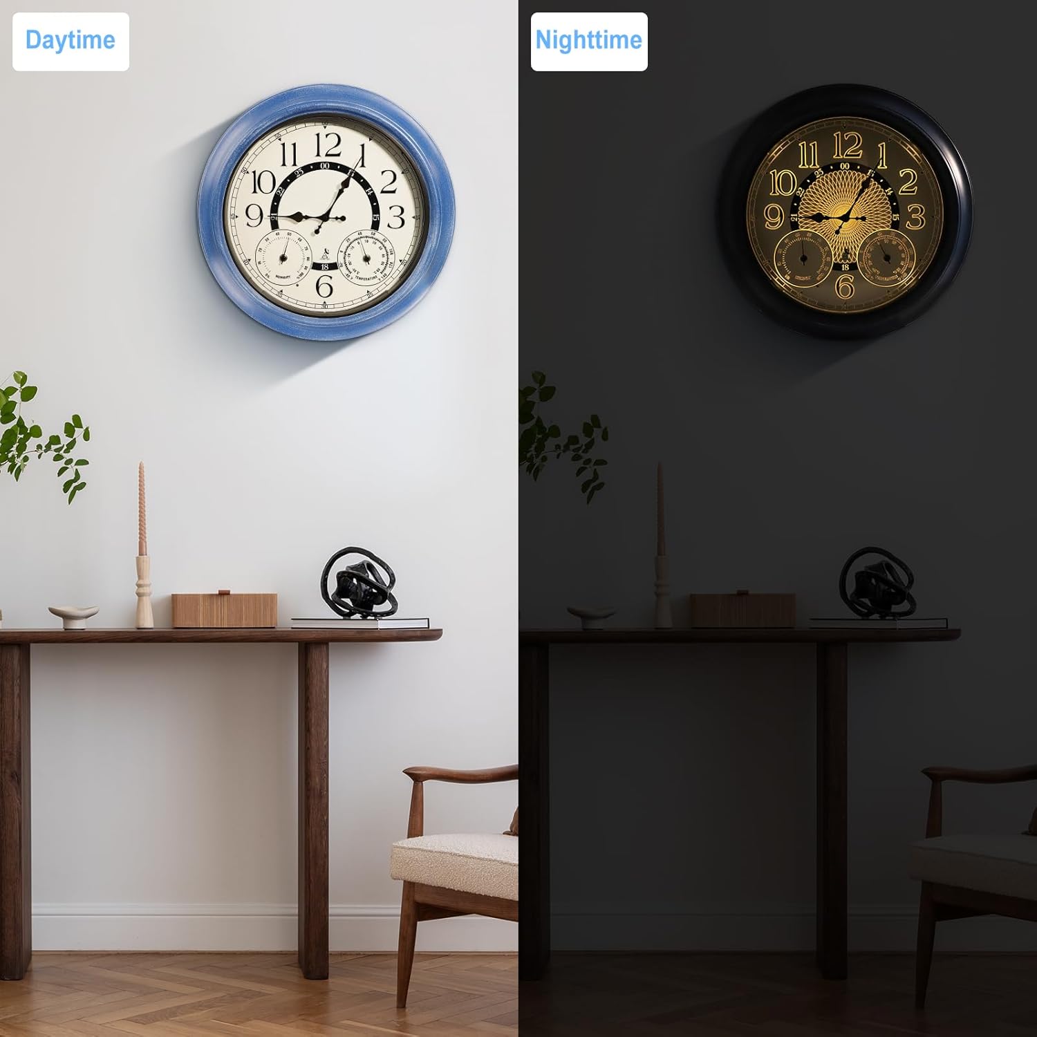 18 Inch Illuminated Retro Indoor Outdoor Wall Clocks with Thermometer and Hygrometer Waterproof Metal Large Clocks with Auto Light Smart Sensor for House Warming Gifts New Home Living Room Decor