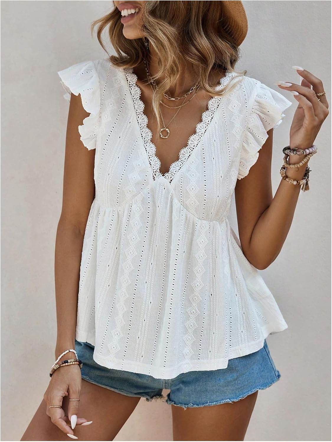 SweatyRocks Women's Lace Trimmed V Neck Ruffled Sleeve Flared Eyelet Tank Blouse Top - Image 5