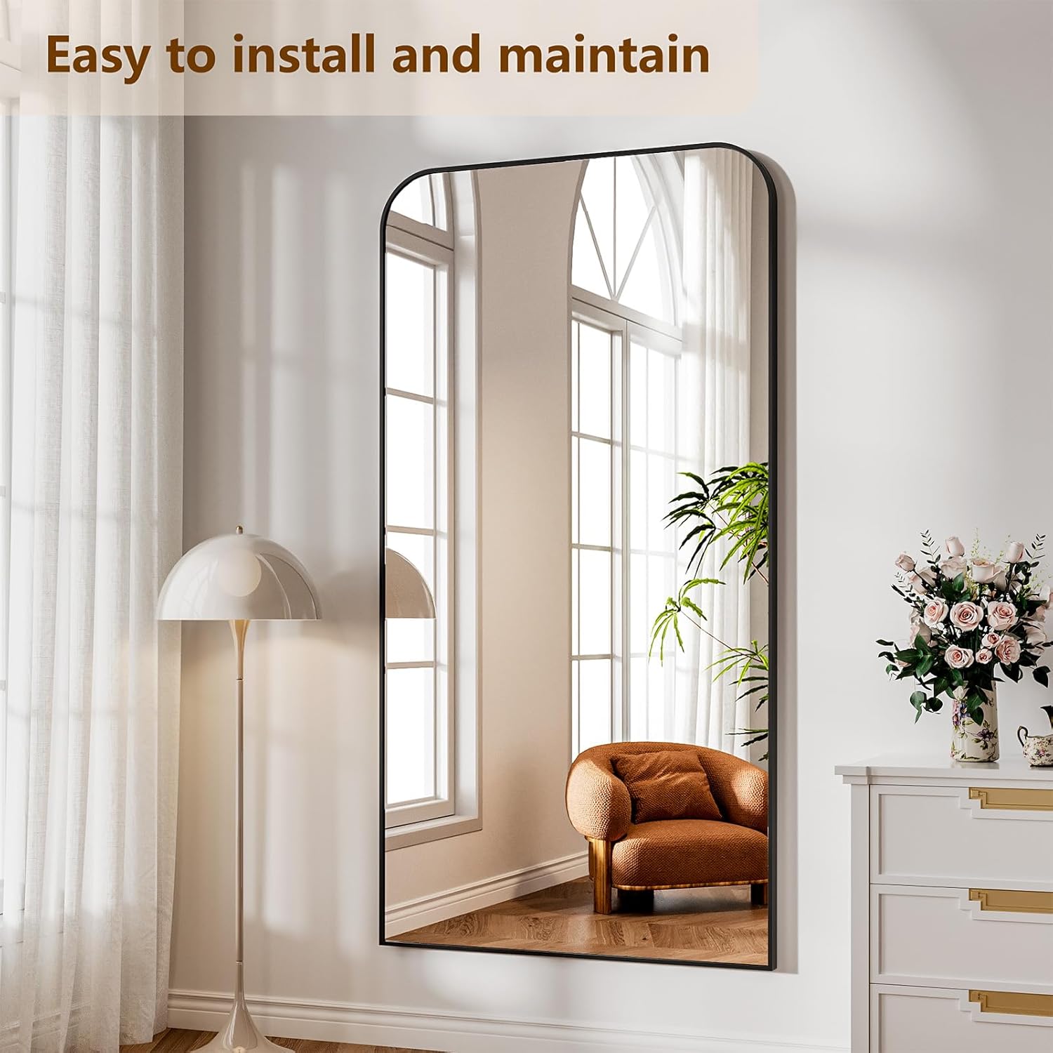 Koonmi Full Length Mirror, 76"x34" Mirror Full Length with Stand, Black Domed Top Square-Edged Floor Mirror with Aluminum Alloy Frame for Bedroom Living Room - Image 5