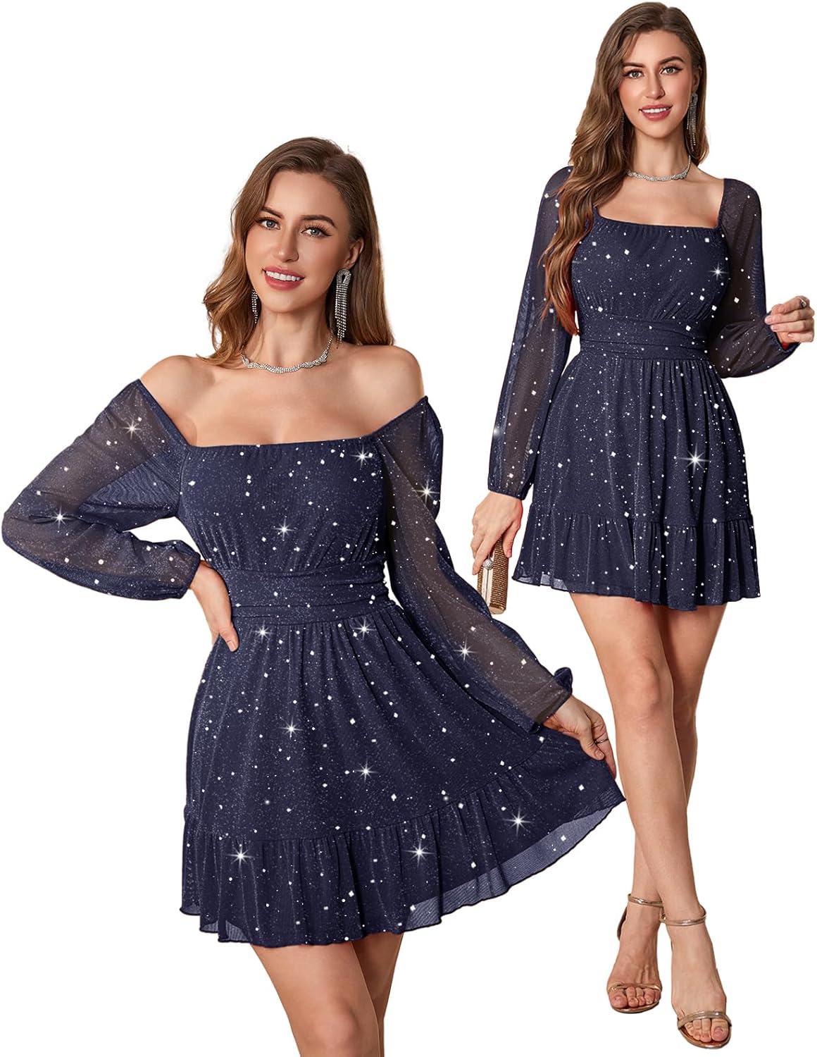 Bridesmay Women's Sparkly Long Sleeve Short Party Dresses 2026 Square Neck Flowy Mini Prom Dress