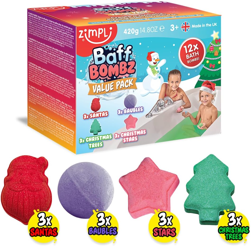 Kids 12 x Christmas Bath Bomb Gift Set from, Great Value Stocking Fillers for Children, Bath Fizzers, Xmas Presents for Boys & Girls, Organic, Moisturising, Vegan Friendly & Cruelty Free
