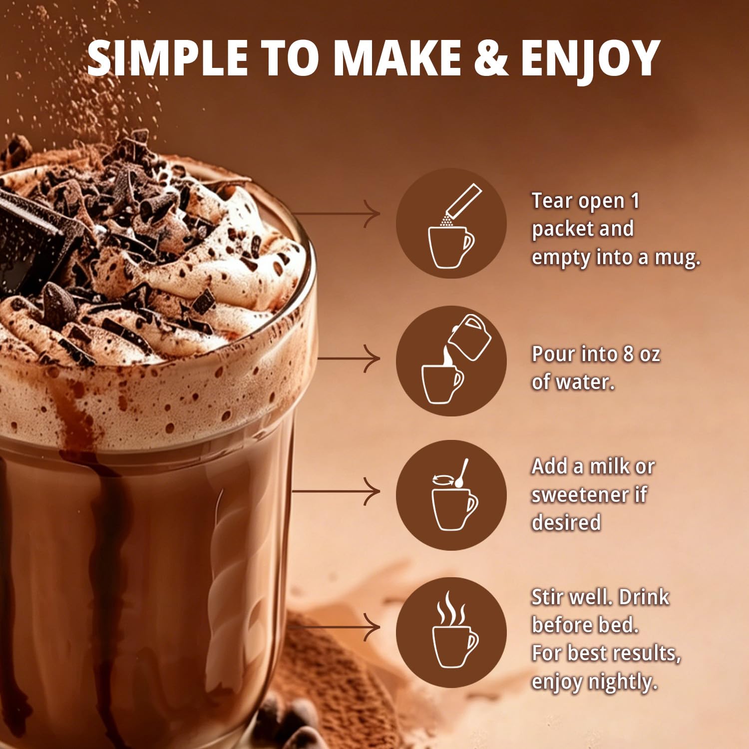 Mushroom Hot Cocoa Powder, Natural Sleep Nighttime Powder, Calm Drink Mix with L-Theanine, Apigenin, Reishi, Magnesium & Melatonin, Sleepy Hot Chocolate for Relax & Focus, Brownie Batter, 30 Servings — Amazon image 8