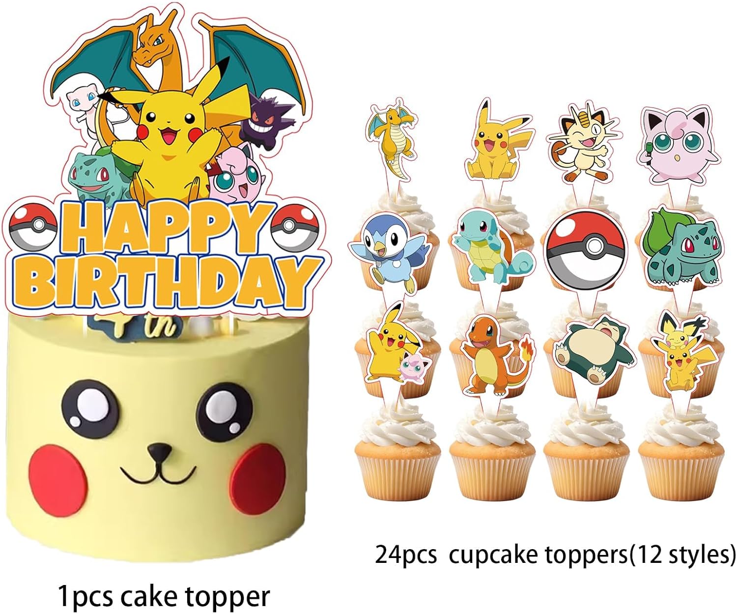 25Pcs For Pokemon Cake Decorations with 24pcs Cupcake Toppers, 1pcs Happy Birthday Cake Topper, Cartoon Themed Party Supplies, Perfect for Birthday Party Decorations
