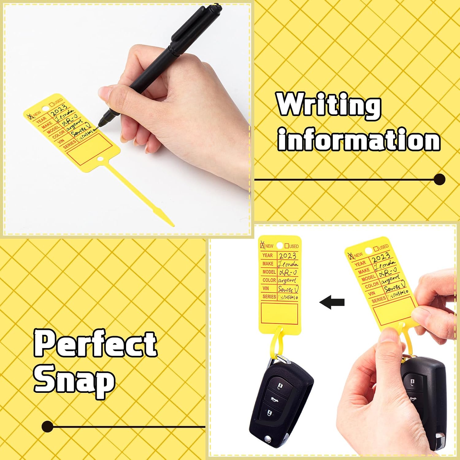 Lewtemi 500 Pcs Yellow Dealer Key Tags with 4 Pens Self Lock Arrow Car Key Tag 0.5 mm Dealership Tags Plastic Car Key Tags for Car Dealerships Office Shop Supplies