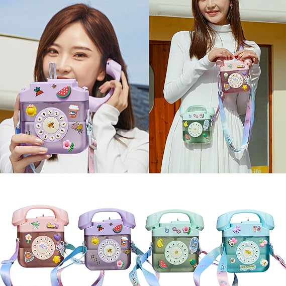 Telephone-Shaped Water Bottle With Straw and Strap - Portable Plastic Drinking Bottle With Aesthetic Design