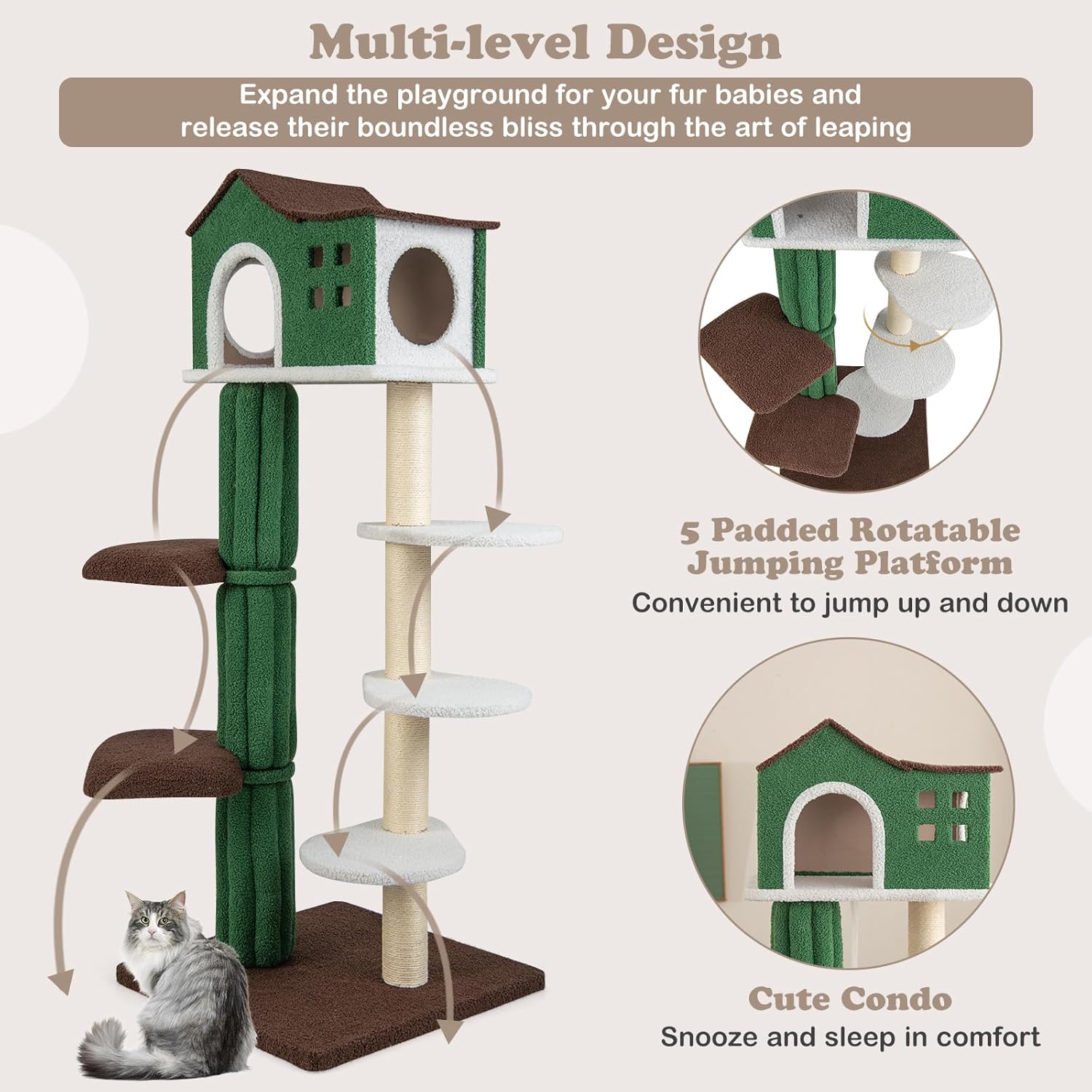 PETSITE 60 Inch Modern Cat Tree, Multi-Level Cat Tower with Sisal Scratching Posts, Condo, Plush Perches, Ideal for Indoor Cats
