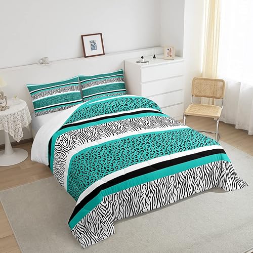 Miniatura 4 de Juego de edredón con estampado de guepardo turquesa, juego de ropa de cama tamaño King para niños y adultos, decoración de habitación de animales,
