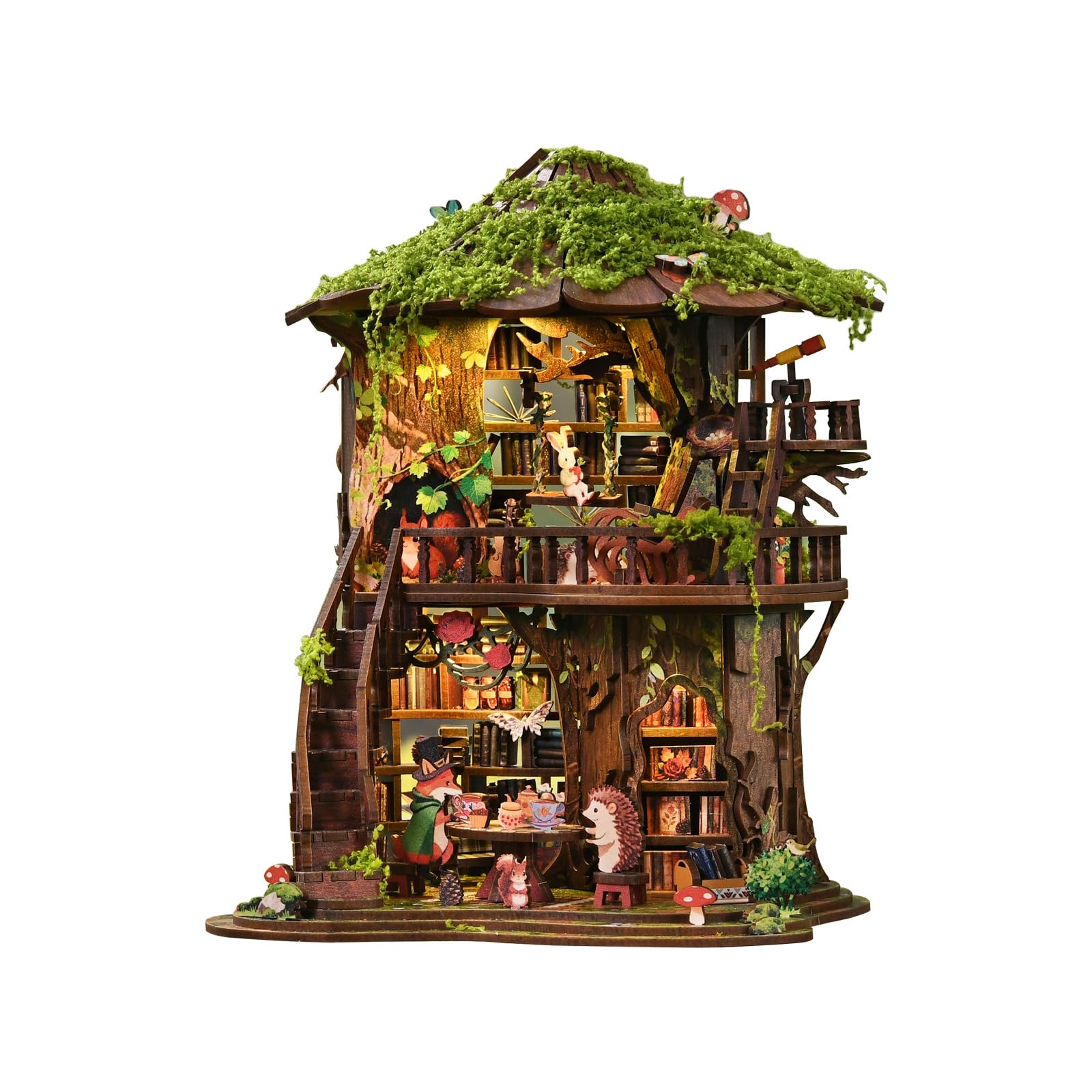DIY book nook - Forest Tea Book Club - Wooden bookend with 3D puzzle and LED light, craft kit for adults, mini book nook, Christmas and birthday gifts — image 1