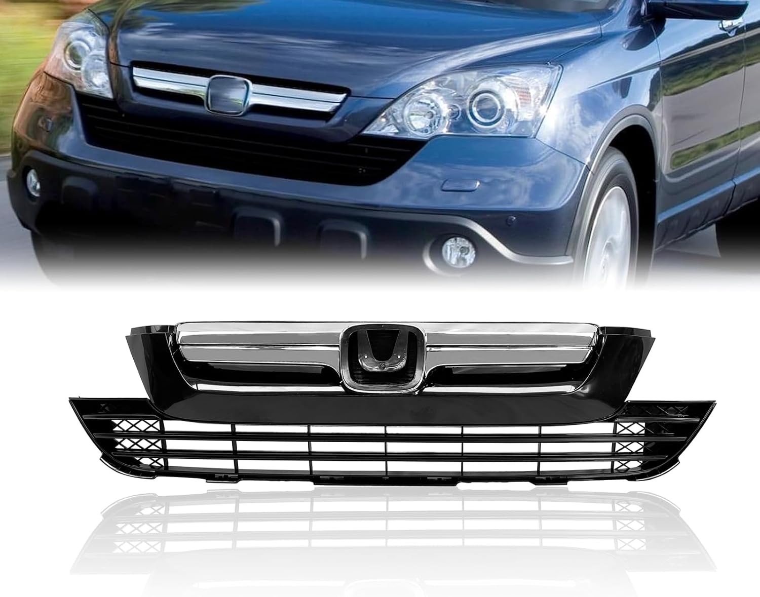 Front Bumper Upper Lower Grille For Honda CRV Mesh Grill Glossy Black 2007 2008 2009