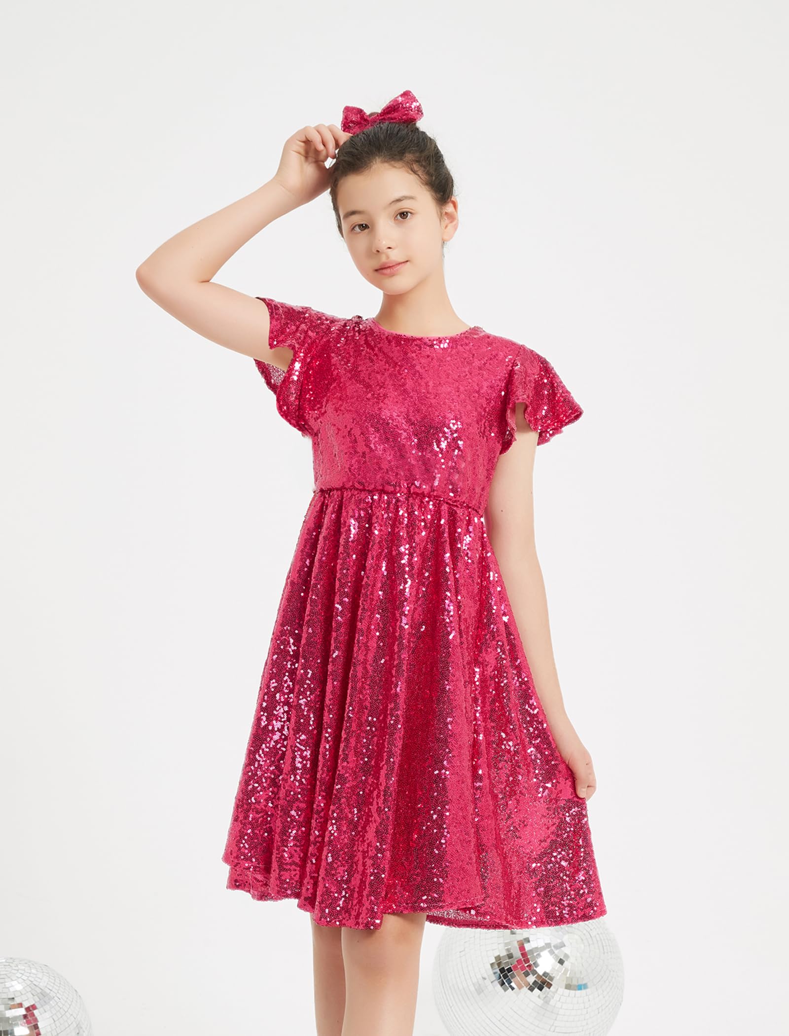 EXARUS Glitzernde Mädchenkleider mit Rüschenärmeln, Glitzer-Pailletten, Rundhalsausschnitt, A-Linie/figurbetont/Tunika-Kleid für Mädchen, 6–14 Jahre