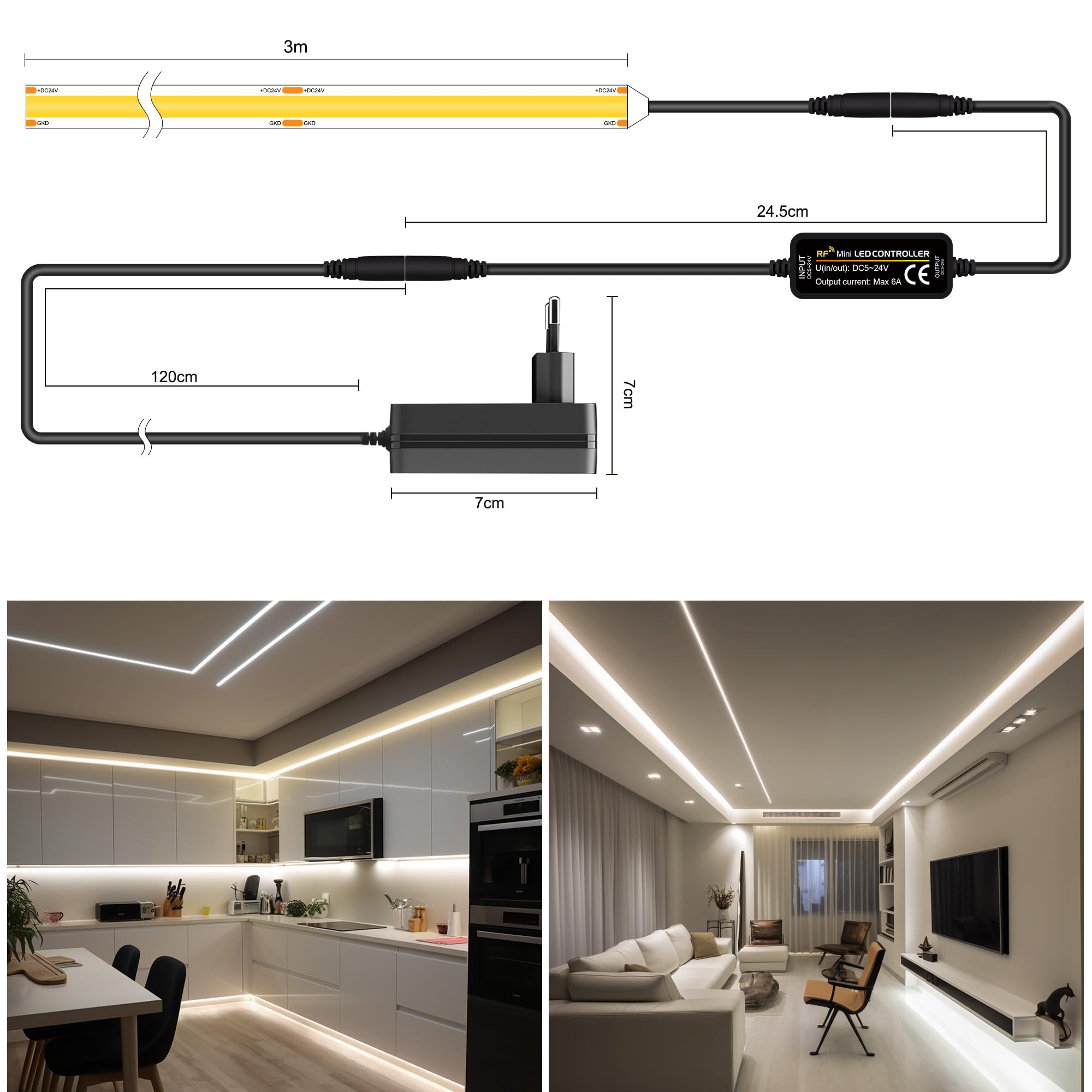 TTWAY Striscia LED COB 3M, LED Striscia 4000K con Alimentatore e Telecomando, DC24V, 480LEDs/M, CRI 90+, larghezza 8mm, Striscia LED 3 metri Bianco Naturale per la Decorazione della Camera da Letto