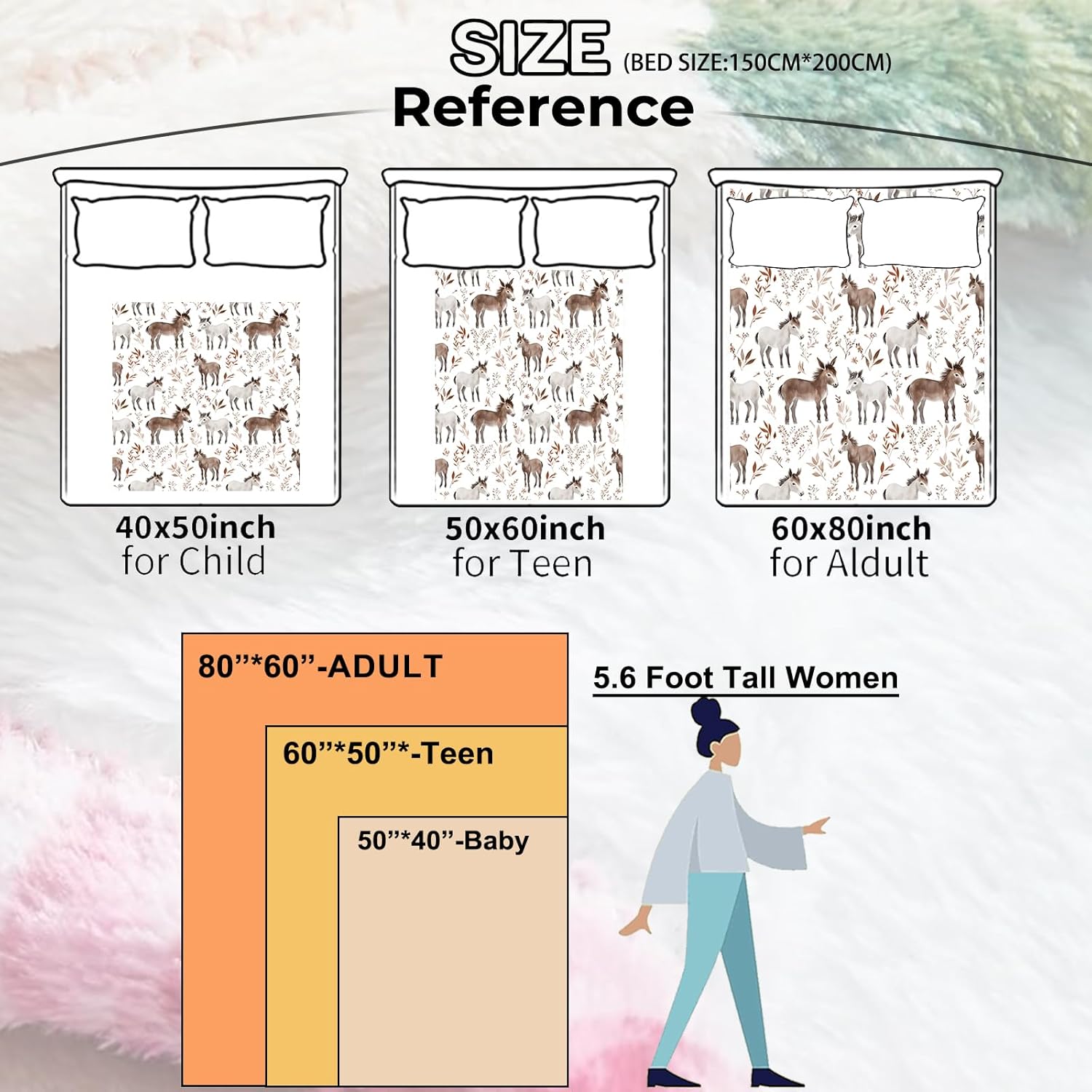 Rustic Donkey Blanket Gifts for Kids Girls Women,Watercolor-Style Donkeys and Foliage Throw Blankets,Soft Comfy Lightweight for Room Couch Bed Farmhouse Decor 50x40in - Image 3