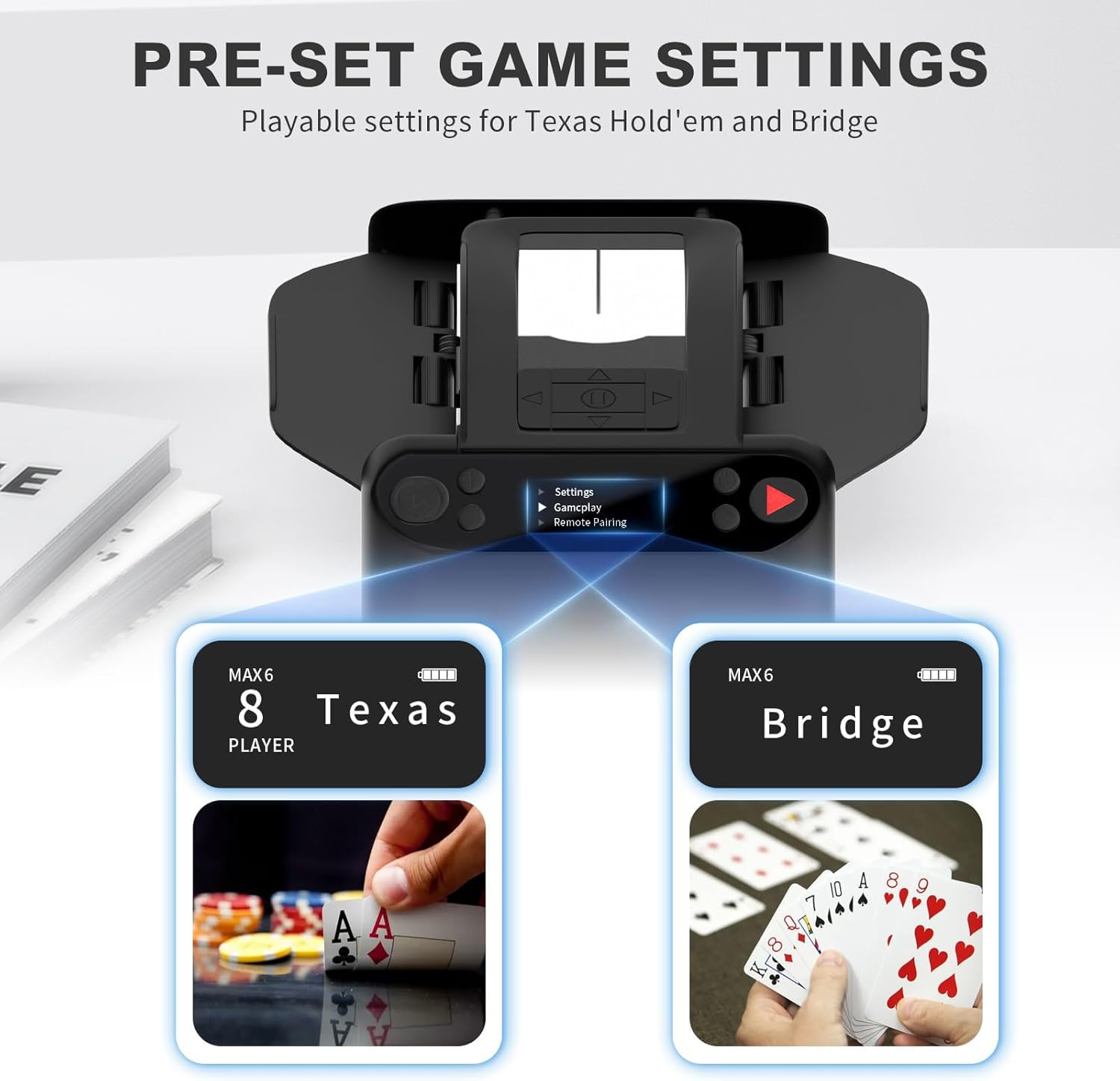 Automatic Card Shuffler and Dealer 2-in-1，2 Decks Support 12 Players, 4Drawing Remotes，USB-C Rechargeable Card shuffler Machine,360° Dealing, for Poker, UNO, Phase 10, Skip-Bo, Rummy (Black)