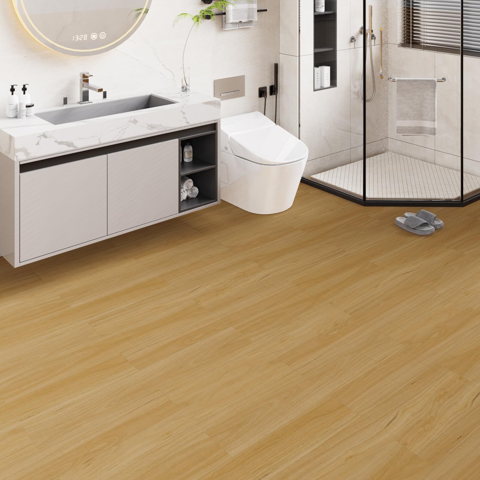 Vinyl Flooring - Lino Flooring with Classic Oak Wood Effect,Self Adhesive Floor Tiles,Self Adhesive Floor,2.0mm 18pcs Waterproof,for Kitchen Living Room Bathroom (27Sq.Ft,Classic Oak)