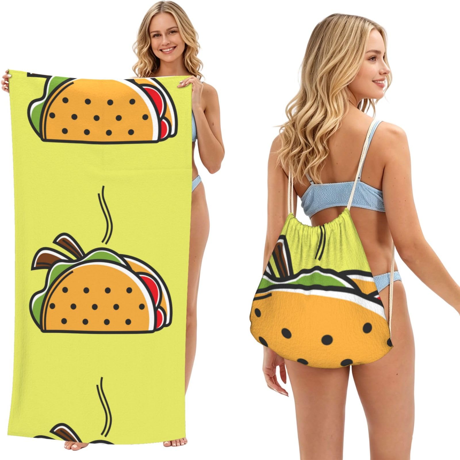 Poadnly Taco Mexican Food, 2 in 1 Packable Towel Bag, Beach Towels with Drawstring Backpack for Travel Holiday Camping