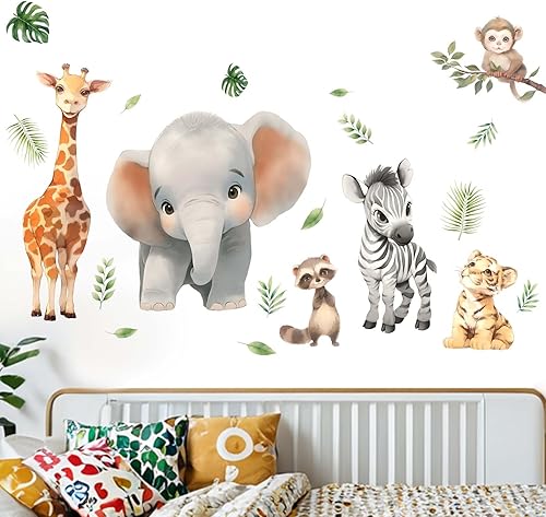 Miniatura 2 de Calcomanías de pared de animales de bebé del bosque, elefante, león, jirafa, mono, para guardería, habitación de niños, guardería, sala de juegos,