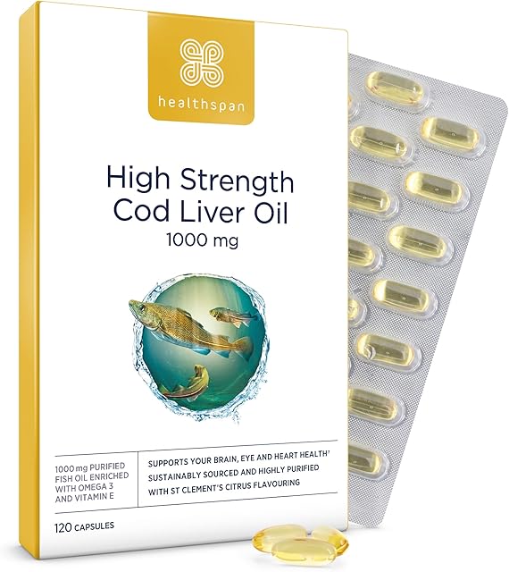 Healthspan Cod Liver Oil 1,000mg (120 Capsules) | Rich in Omega 3 Fatty Acids DHA & EPA | Brain, Eyes & Heart Health | Vitamin A & D3 | Vision, Bones, Teeth & Immune | Sustainably Sourced