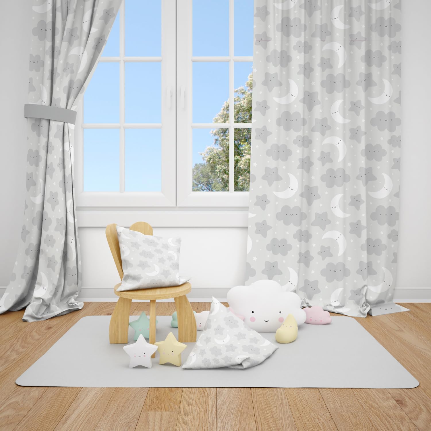 Koisas Kasa - Cortinas Infantiles Niños Dos Paneles Semiopacos 140 x 260 cm - Cortina Juveniles Patrón Infantiles para Habitación 2 Piezas (Gris, 140 x 260 cm, Luna)