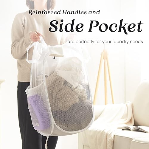Miniatura 3 de TECHMILLY Cesta plegable de malla para la ropa sucia con asas resistentes y bolsillo lateral, cestas plegables portátiles para ropa para dormitorio,