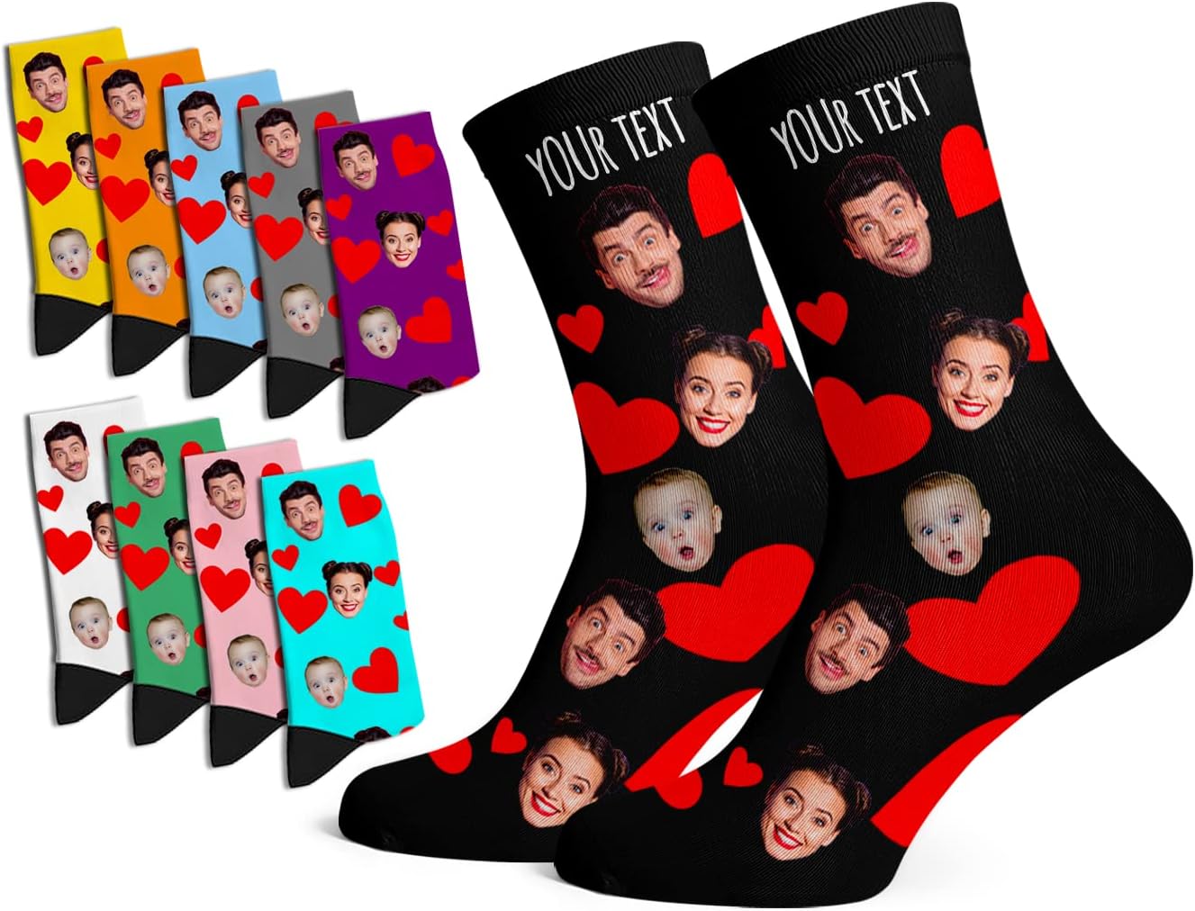 Custom Face Socks with Photo Novelty Crew Socks, Personalized Red Hearts Unisex Crew Sock Gifts for Men Women Made in USA