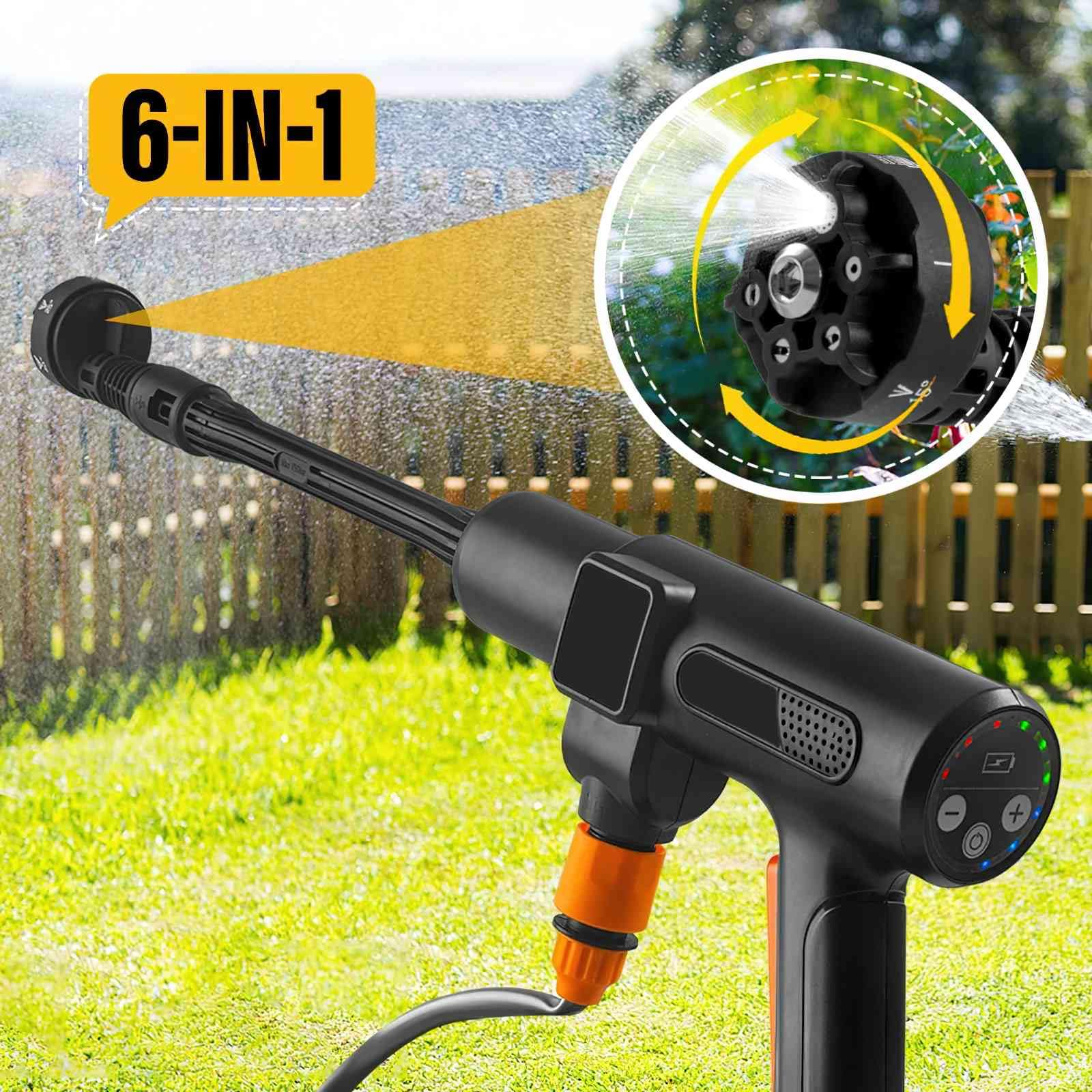 3500 W Limpiador de alta presión inalámbrico, pistola limpiadora de alta presión en la batería, Max 200 bar, con 2 pilas de 15000 mAh, 5 m, 6 en 1, boquilla giratoria para coche, casa, jardín, patio