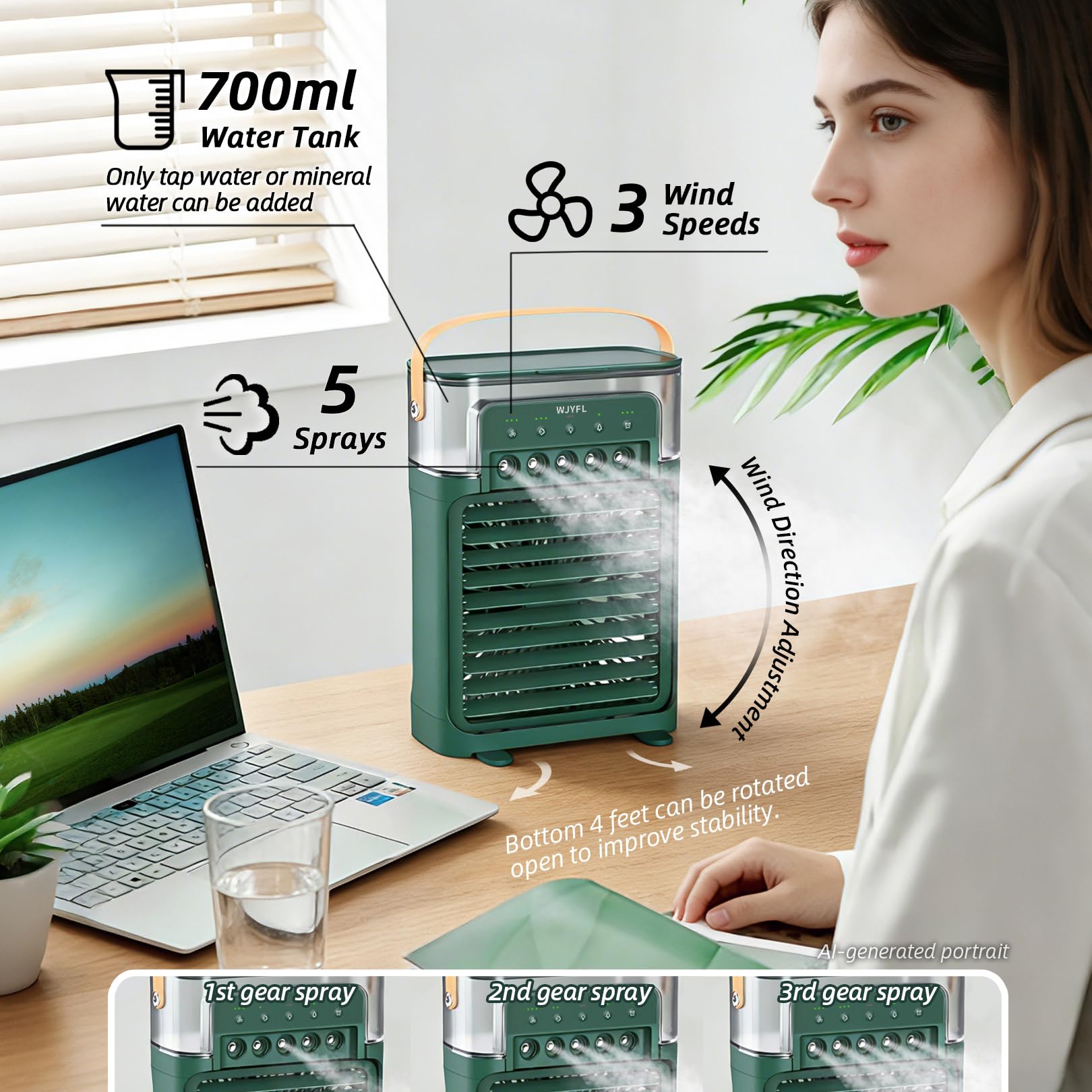Mini Luftkühler mit Fernbedienung, Wassernebel, 5 Sprühdüsen | 700 ml, 3 Sprühstufen, 3 Windstufen, Naturwind, Timer, geräuscharmer Betrieb, USB-C-Betrieb mit EU-Netzadapter, ohne Akku