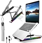 Laptop Stand with USB、Type C and RGB Lights, Aluminum Adjustable Foldable Laptop Stand for Desk, Ergonomic Portable Laptop Riser Holder Compatible with Laptops and iPad 10-15.6", Silver