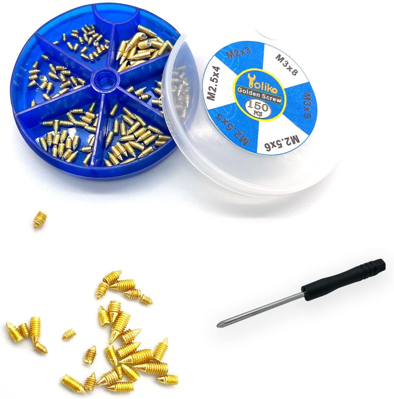 150 pcs Nickel Plated Tip Screws Pointed Cross Slot Leather Accessories 6 Sizes Belt Screws Include M2*3，M2.5*4，M2.5*5，M 2.5*6，M3*5，M3*8 With 2mm Screwdriver for Belt Buckle Wallet Handbag Purse Gold