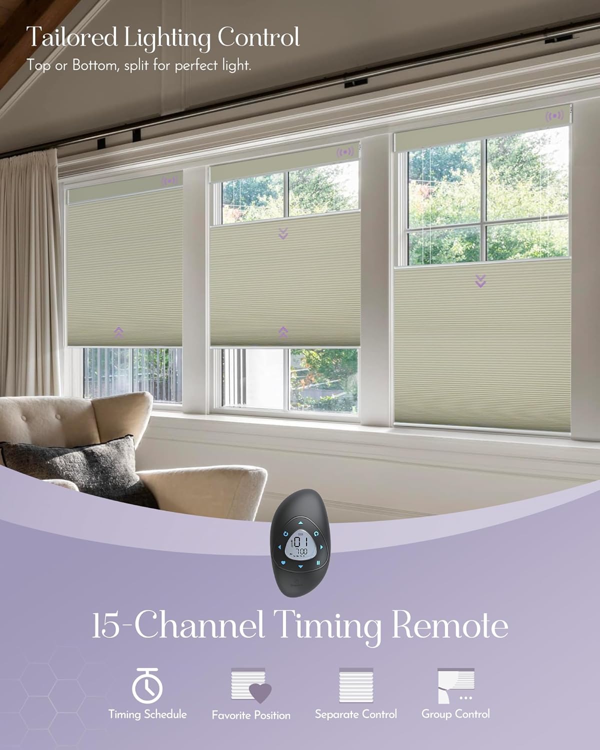 Graywind Smart Top Down Bottom Up Cellular Shades Compatible with Alexa Google Solar Powered Motorized TDBU Shades for Windows Custom Size (Blackout Beige)