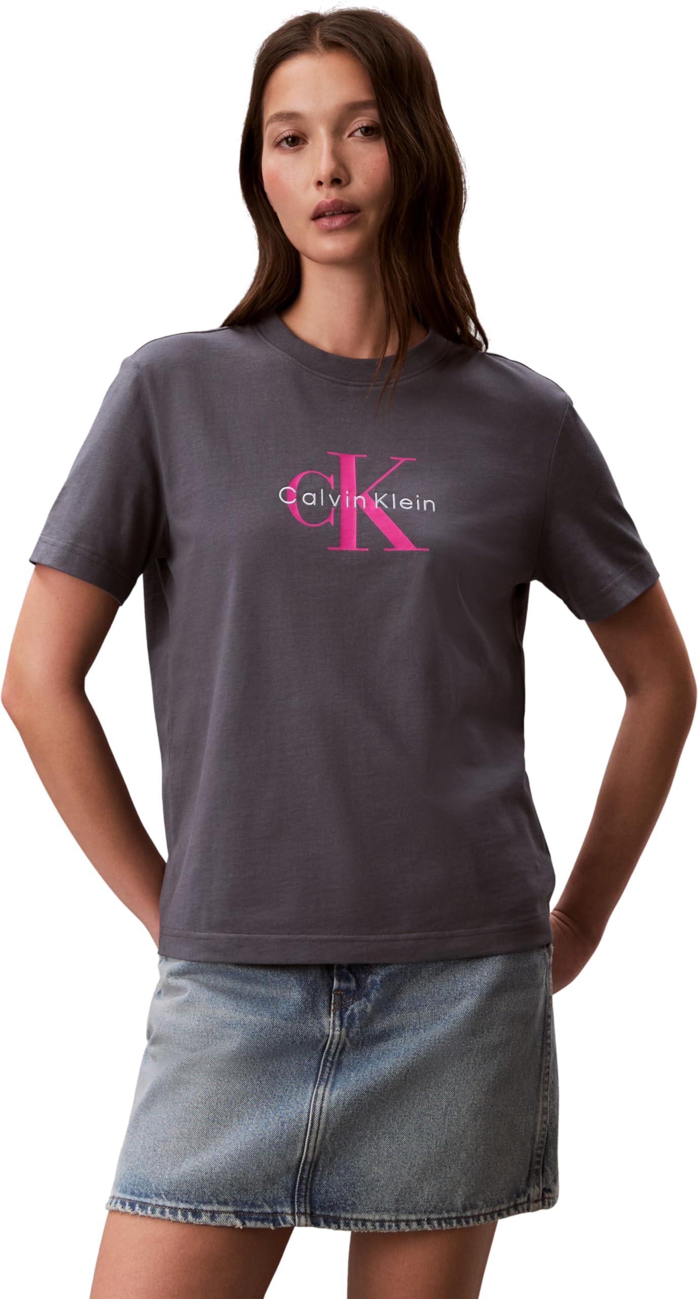 Calvin Klein Damen T-Shirt Kurzarm Hero Classic Monologo Tee mit Rundhalsausschnitt, Grau (Turbulence), XXS