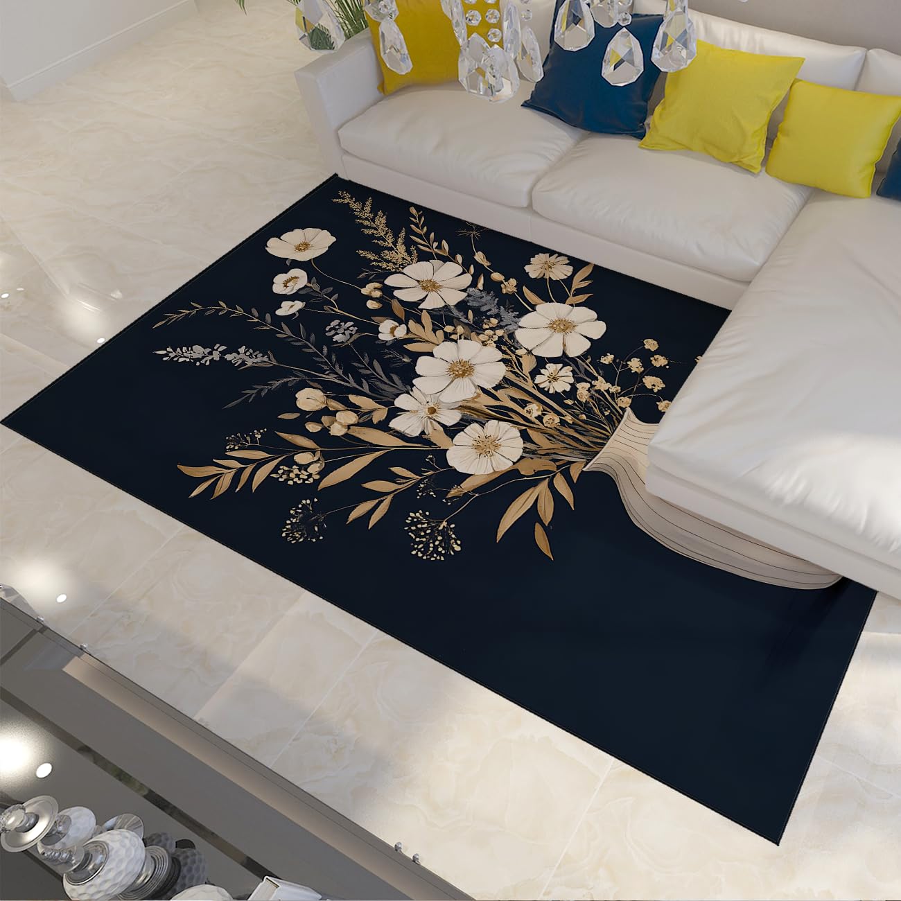 Flächenteppiche Waschbare Teppiche Lagre Boho Wohnzimmerteppiche weiche rutschfeste teppiche Vintage-Blumenvasenbedruckte Fußmatten dunkelblauer Teppich für Schlafzimmer Esszimmer 160x230cm