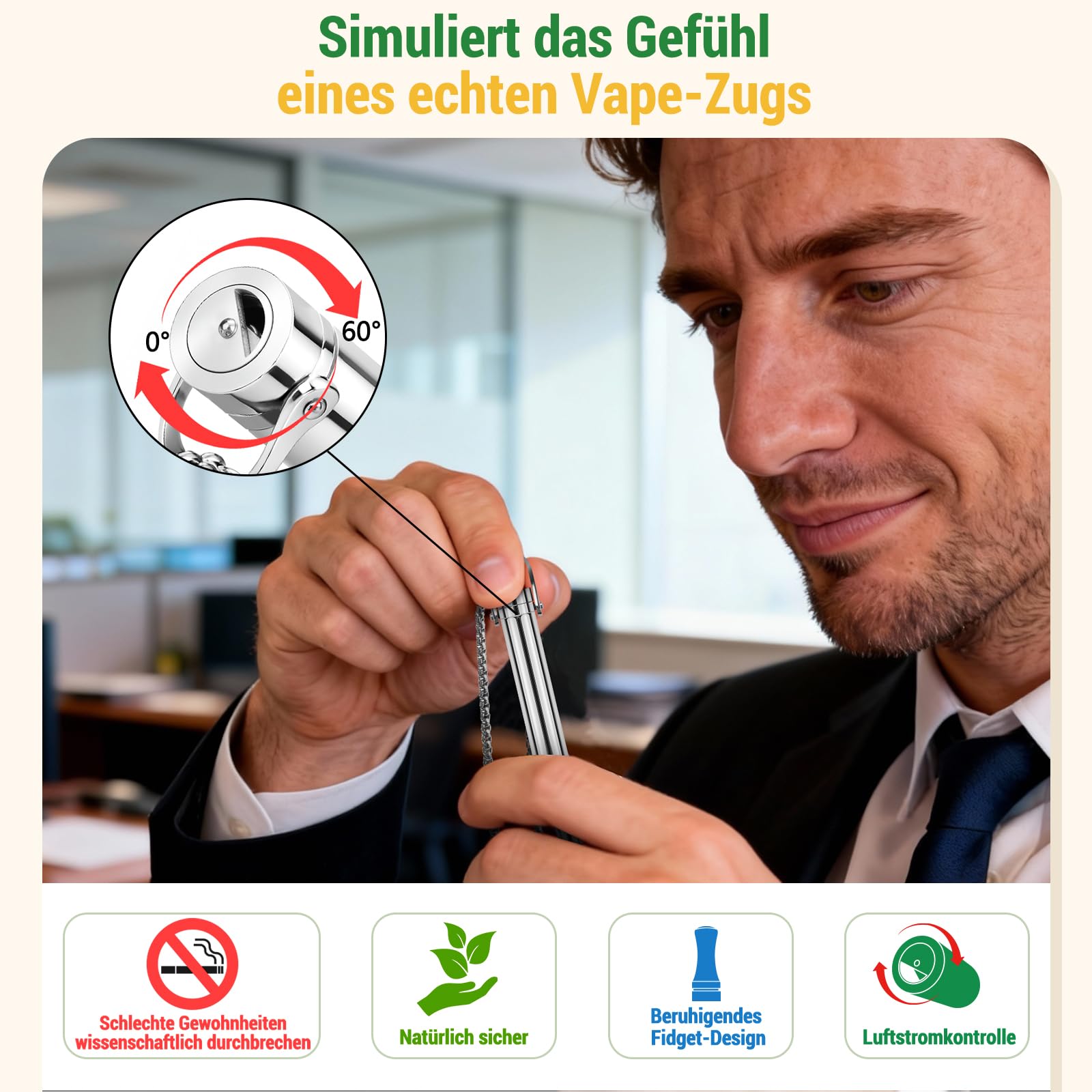 Łańcuch do oddychania, regulowany, z filtrem i regulacją oporu, wiele kombinacji smakowych, idealny jako towarzysz relaksu na co dzień, do biura, metra, samolotu, podróży - ciemny srebrny
