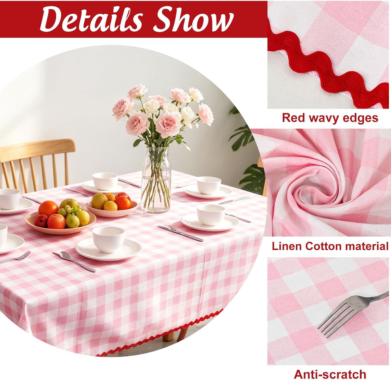 JarThenaAMCS Plaid Tablecloth with Rick Rack Pink Gingham Scalloped Table Cloth Checkered Waterproof Rectangle Table Cover for Spring Picnic Party Home Kitchen Decoration, 55 x 70 Inch