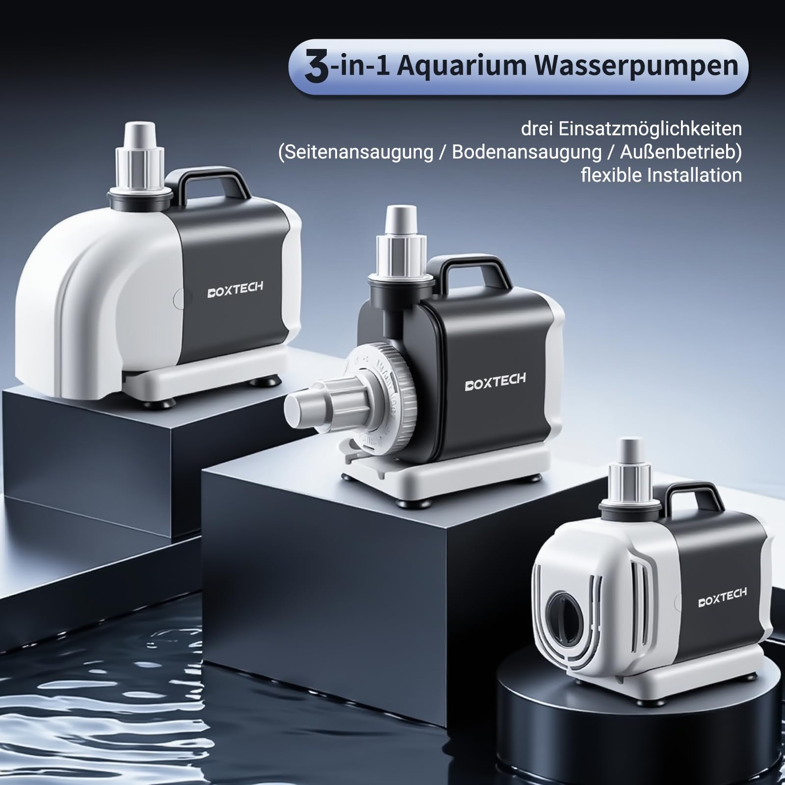 Boxtech Pompa per laghetto da 55 W, 3500 l/h – Pompa per acqua sporca con regolazione del flusso, aspirazione a terra 3 in 1, motore in rame puro, albero in ceramica, per giardino e ruscelli e