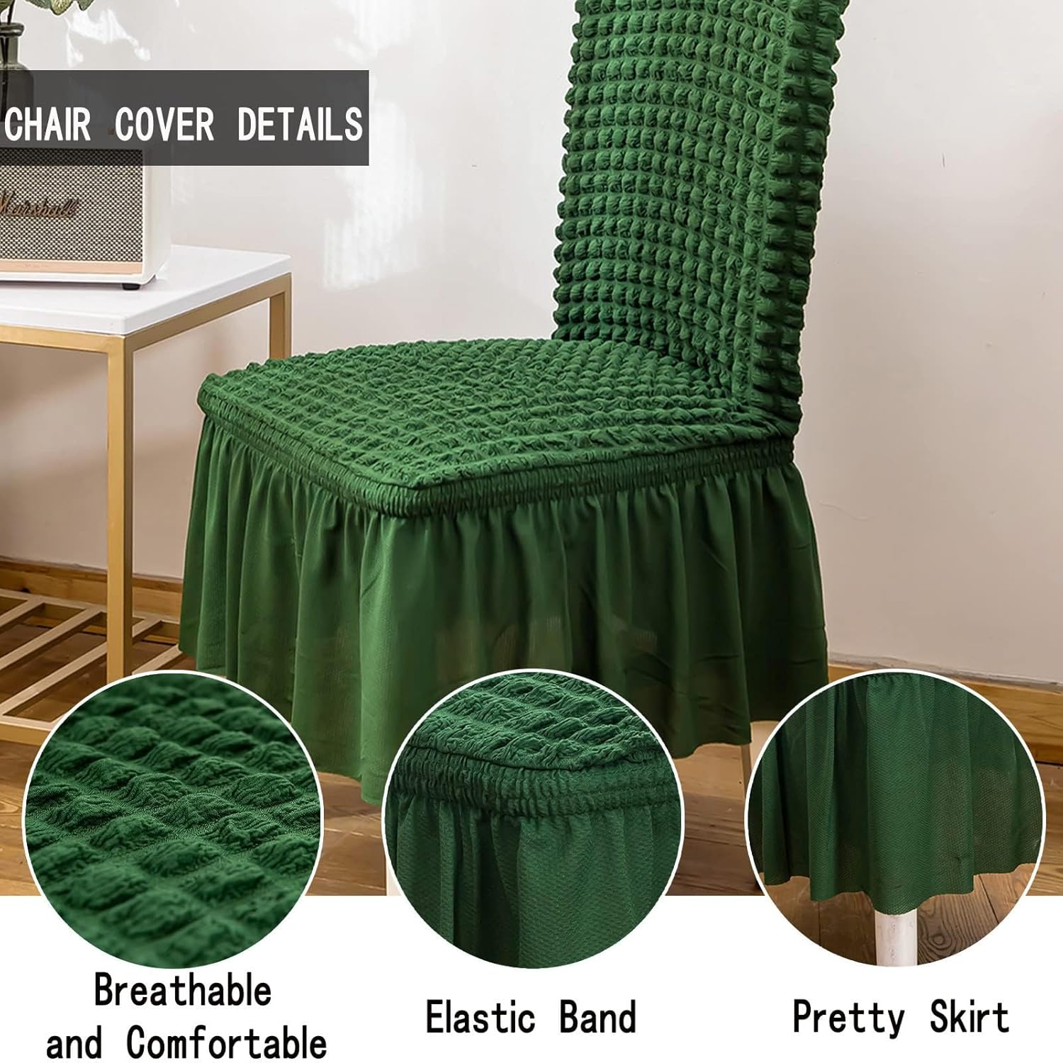 Qubjus Chair Covers for Dining Room Set of 6 Stretch Chair Slipcovers with Skirt Removable Washable Kitchen Chair Protector Cover Set for Home, Party, Wedding(Green, 6pcs)