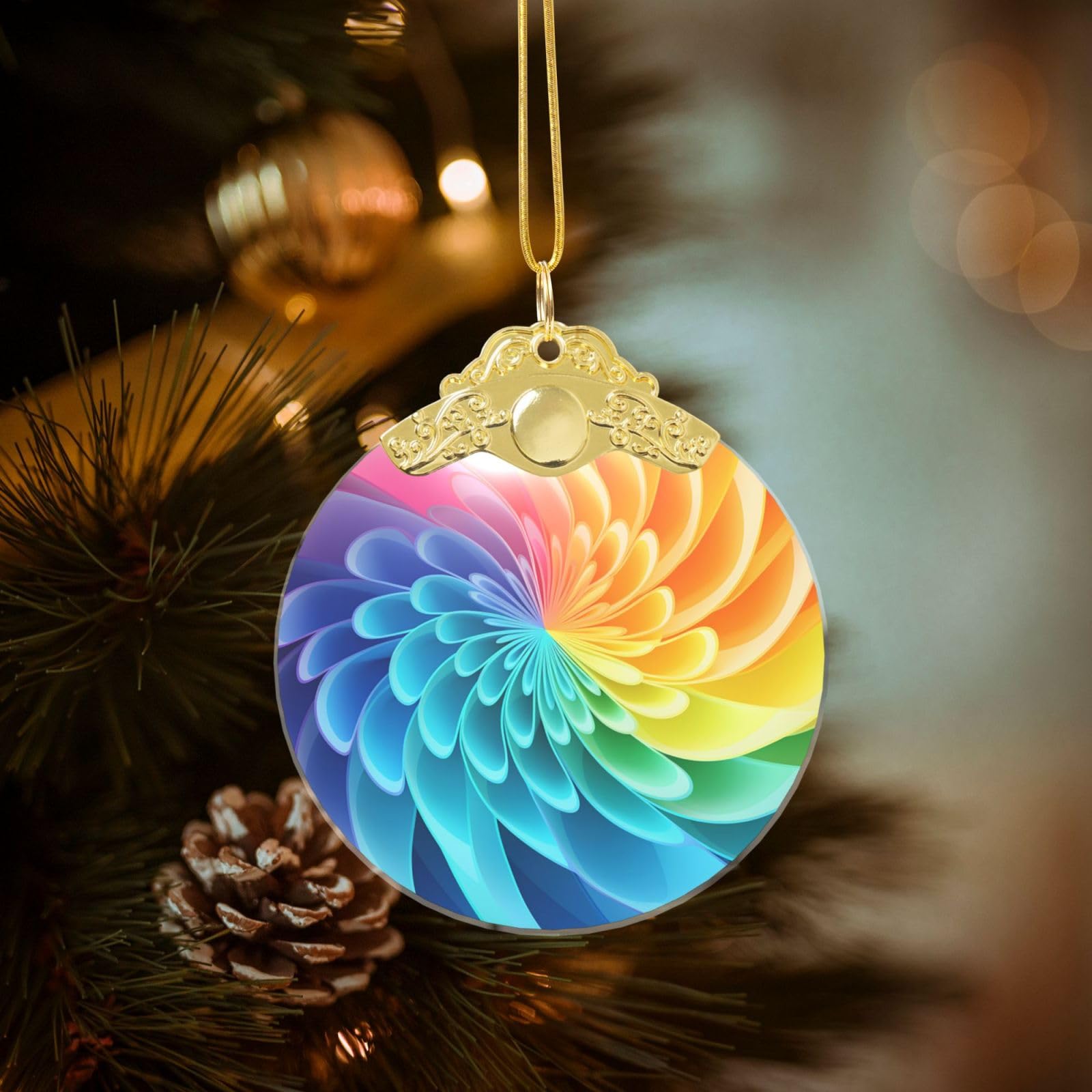 Crystal Christmas Ornaments for Christmas Tree Decoration Hanging Rainbow Dynamic Ornament with Gold Ribbon Crafts Round Pendant for Keepsake Gifts Glass Xmas Decor Party Supplies