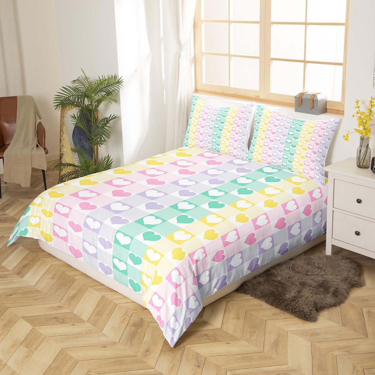 Colorful Heart Kids Duvet Cover Set Toddler Size,Geometric Plaid Watercolor Gradient Bedding Set,Kids Girl Room Decor,Love Romantic Style Comforter Cover,Soft Quilt Cover,1 Pillowcase(NO Comforter)