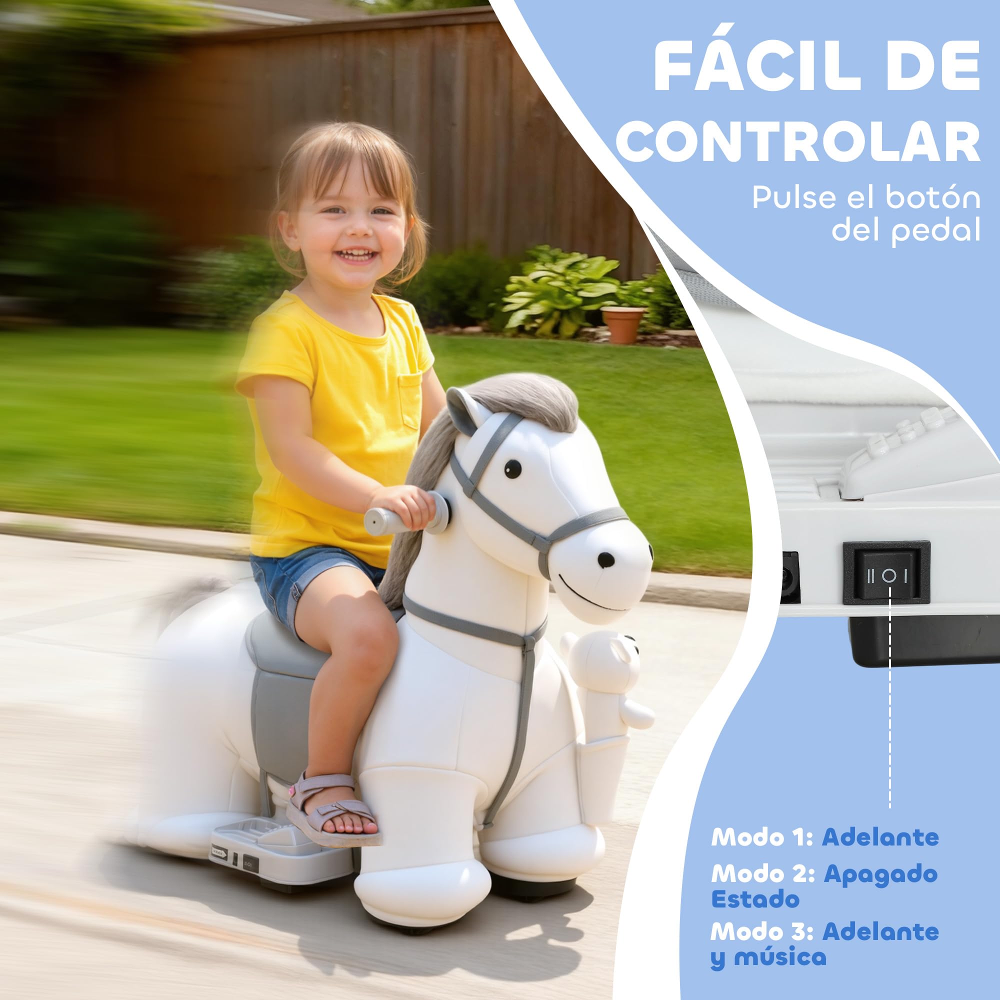 AIYAPLAY Caballito Eléctrico con Música, Batería 6V, Caballo de Juguete Eléctrico, Tacto Suave, Ruedas Silenciosas de PU, Marcha Adelante, Regalo para Niños y Niñas de 1,5 a 5 Años, Blanco