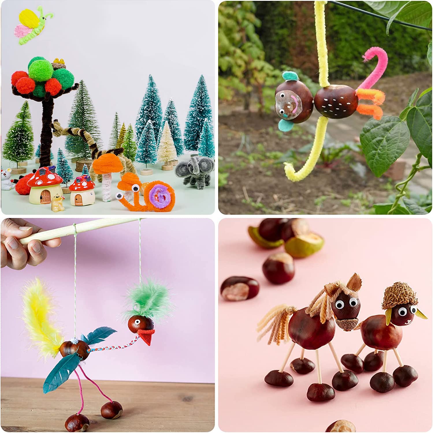 Kastanien-Bastelset Für Kinder – Mit 5 Bohrern, Federn, Pompons & Mehr, Herbst-Bastelspaß