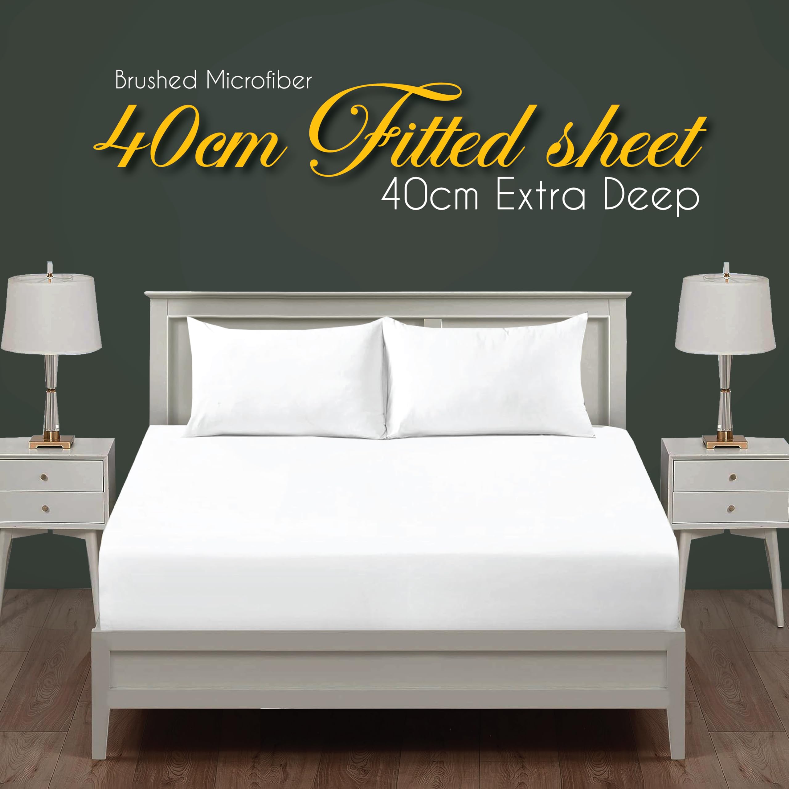 J.Din Plain Dyed Fitted Sheet White Bottom Sheet Super King Size Bed 40cm Extra Deep Pocket Soft Brushed Microfiber Bedsheet Easy Care - 180 x 200cm