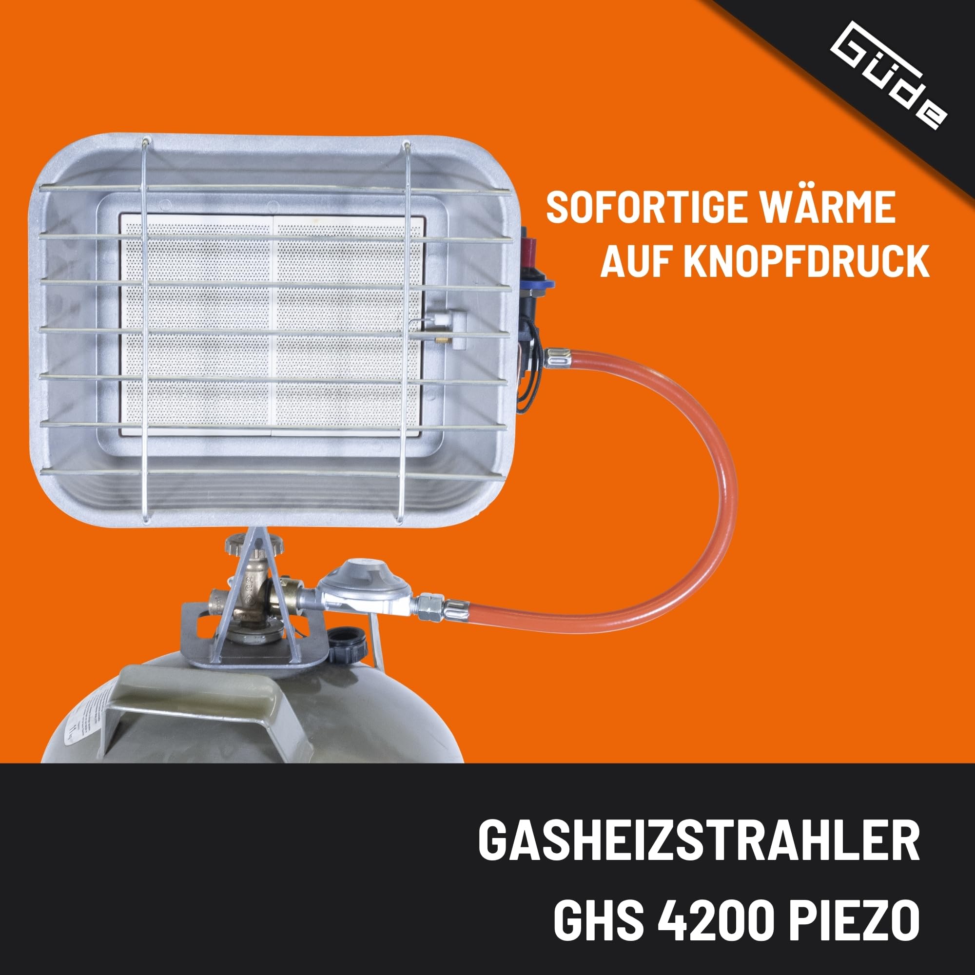 Güde Gasheizstrahler GHS 4200PIEZO (2,9-4,5 kW Heizleistung, 210-327 g/h Gasverbrauch, 40 cm Gasschlauch, rostfreier Reflektor, Schutzgitter, Druckminderer, Piezozündung, Thermosicherheitselement)